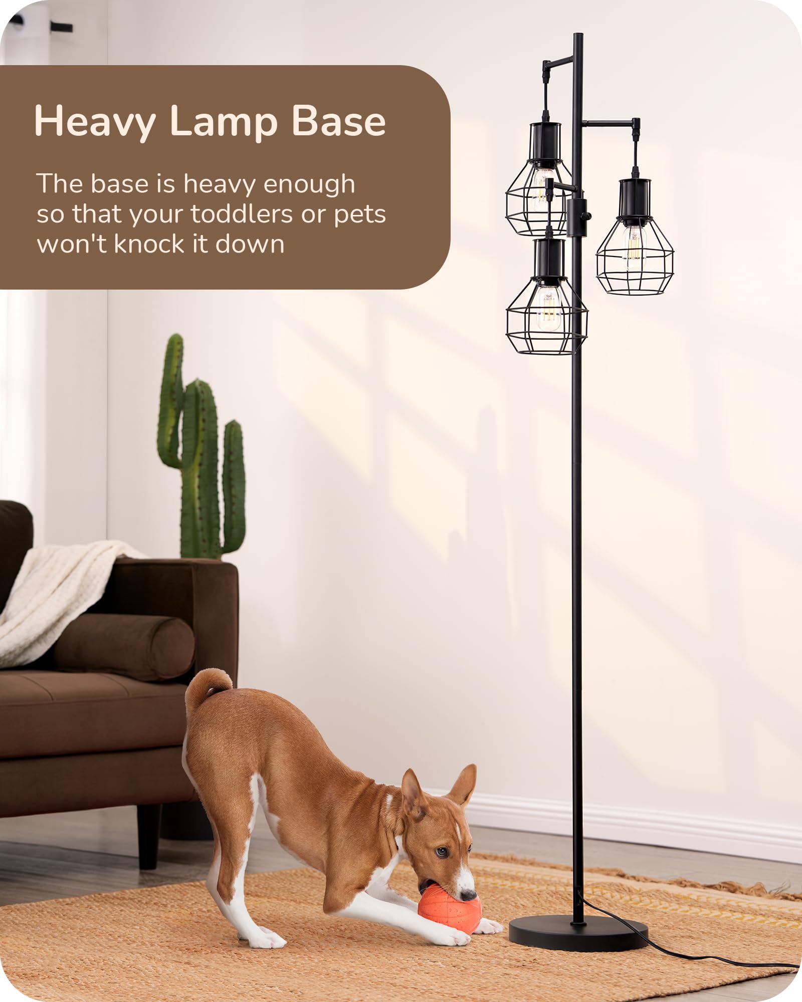 Dimmable Farmhouse Floor Lamp with 3 LED Edison Bulbs - Industrial Standing Lamp for Living Room, Bedroom & Office - Rustic Tall Tree Reading Lamp in Black - Perfect for Cozy Corners & Home Decor