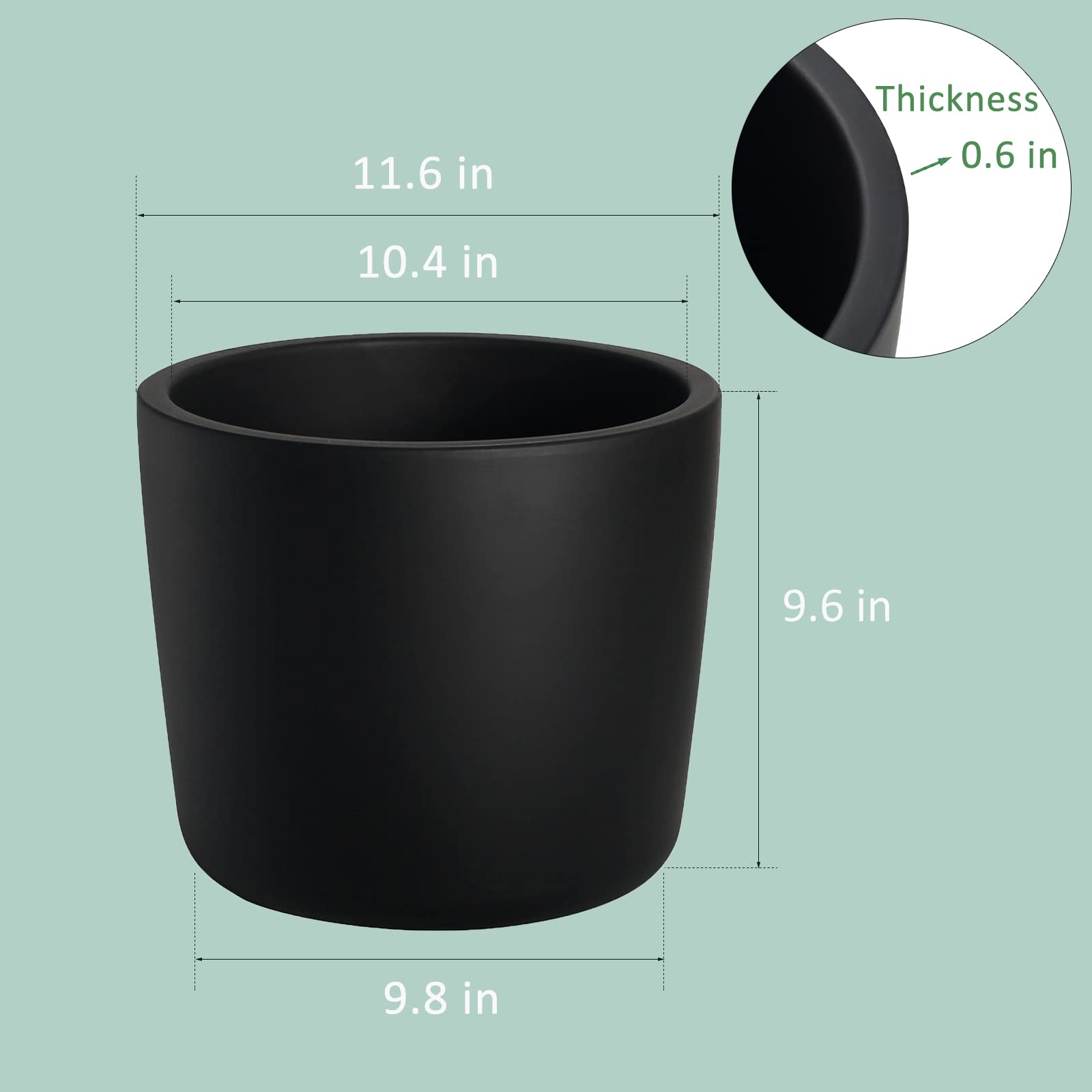 12 Inch Black Thick Ceramic Plant Pots Indoor - Matte Finish Flower Planters with Drainage Hole for Home Decor, Office Plants & Succulents