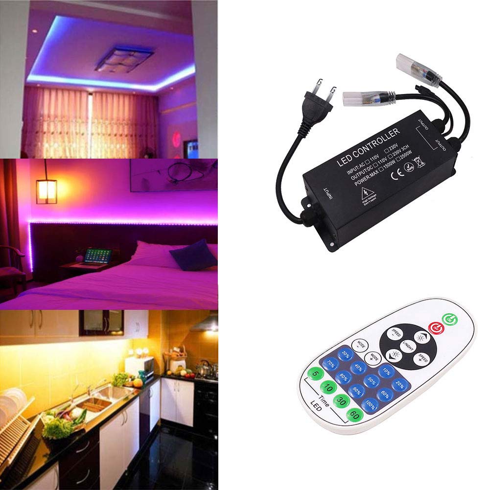 XUNATA 1500W LED Light Dimmer with Wireless Remote Control - AC 110V-130V Plug-in Dimmer Switch for LED Strips, Neon & Rope Lights - Timer Function & 6MM Double Pin Connection - Perfect for Home Theater Lighting, Bedroom Ambience & DIY Lighting Projects