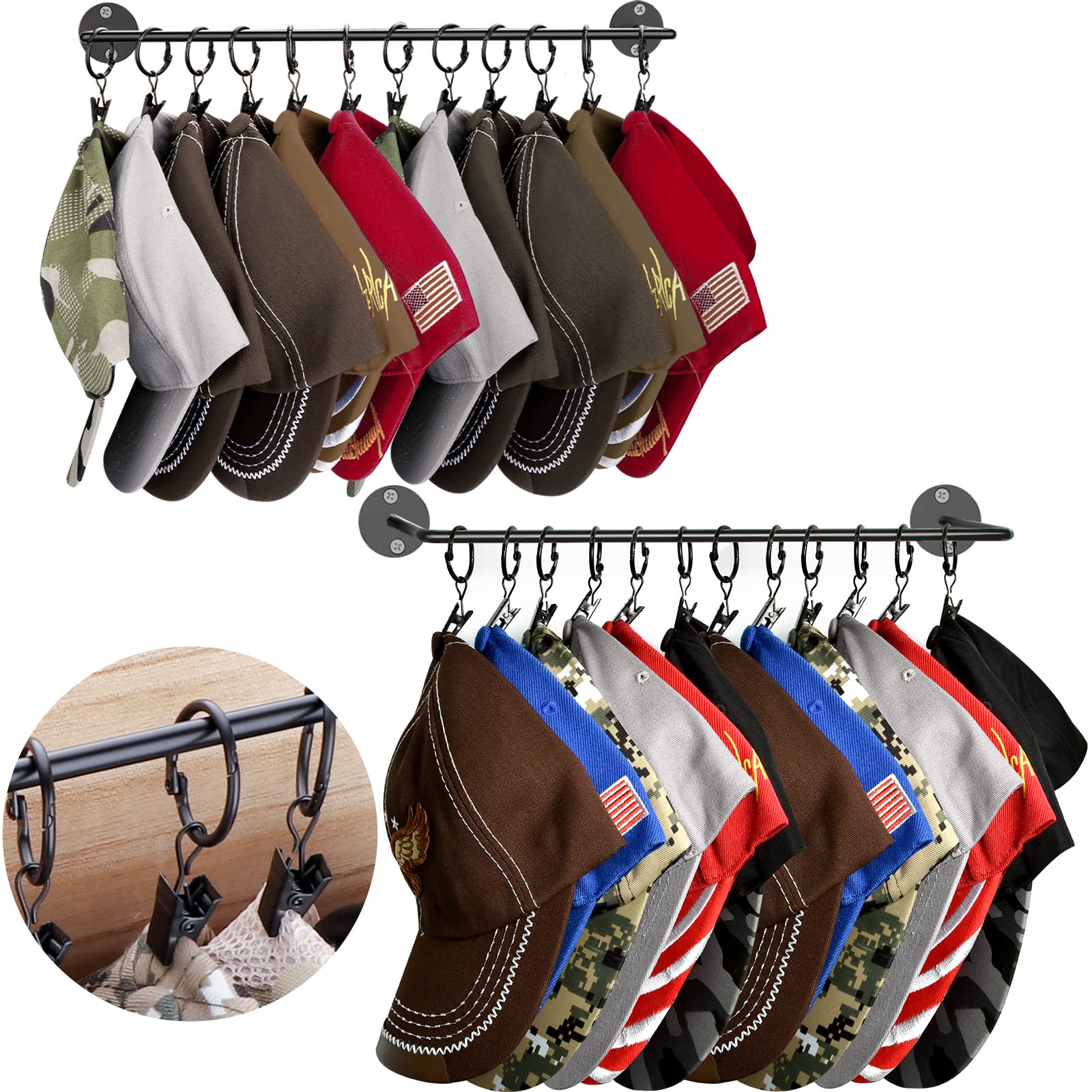 24-Hook Metal Baseball Cap Organizer - Wall Mounted Hat Rack for Closet Storage (2 Pack) | Perfect for Bedroom, Entryway & Laundry Room Organization