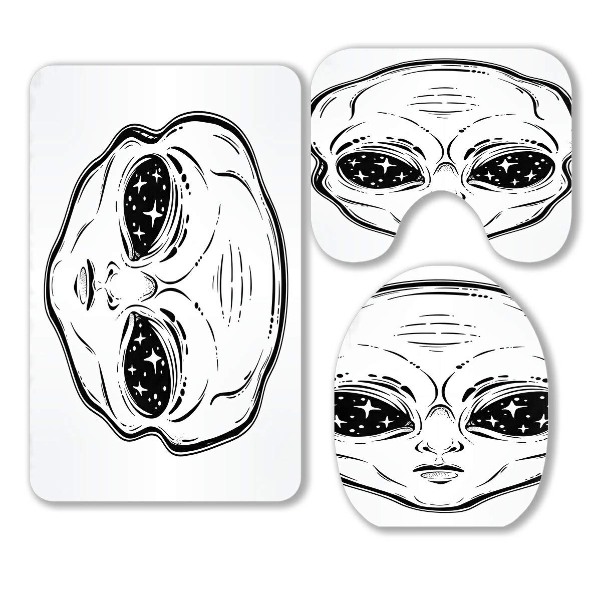 ECZJNT 3-Piece Alien Head Bathroom Rug Set - Starry Eyes Space Design, Non-Slip Contour Mat & Toilet Lid Cover - Perfect for Sci-Fi Themed Bathrooms & Space Enthusiasts