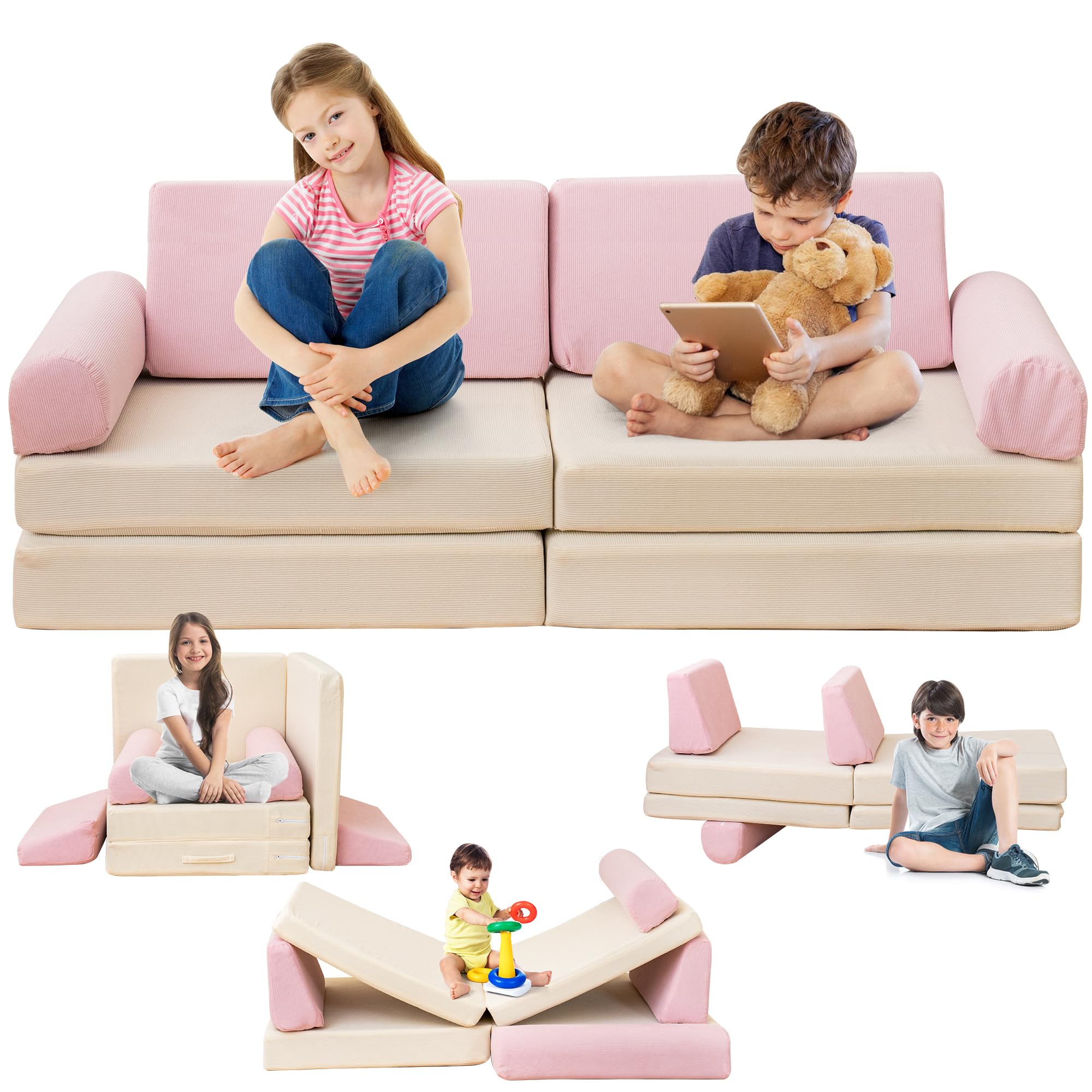 Modular Kids Play Couch - 5 Second Instant Expansion Corduroy Sofa for Playroom (Pink & Beige) - Perfect for Indoor Playtime, Reading Nook & Toddler Relaxation