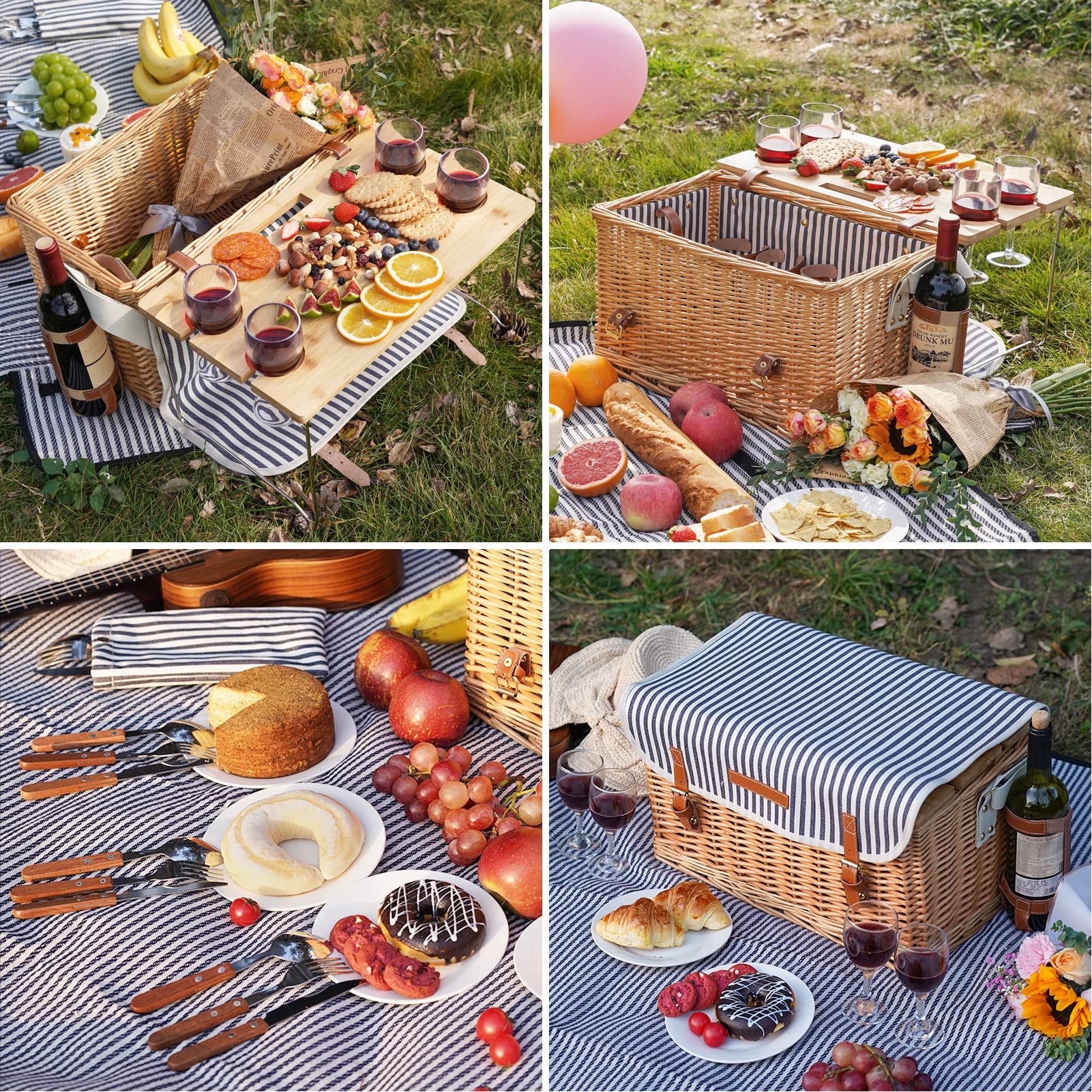 4-Person Wicker Picnic Basket Set with Blanket & Bamboo Wine Table - Portable Willow Hamper for Camping, Beach, Outdoor Parties & Romantic Dates - Perfect Picnic Gift for Couples & Families