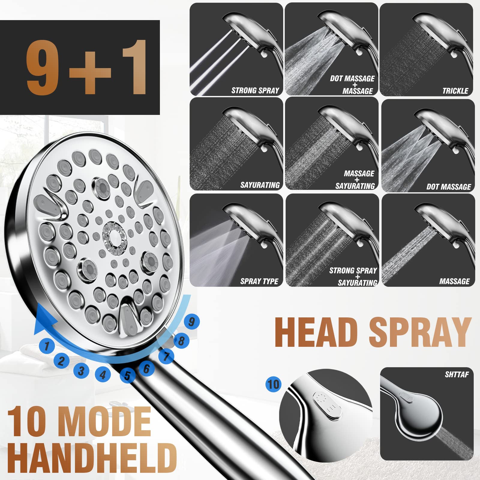 10-Setting Rainfall Shower System Wall Mounted - High Pressure Rain Shower Head with Handheld Sprayer & Valve - Polished Chrome Finish for Bathroom Luxury - Perfect for Spa-Like Showers & Modern Bathroom Upgrades