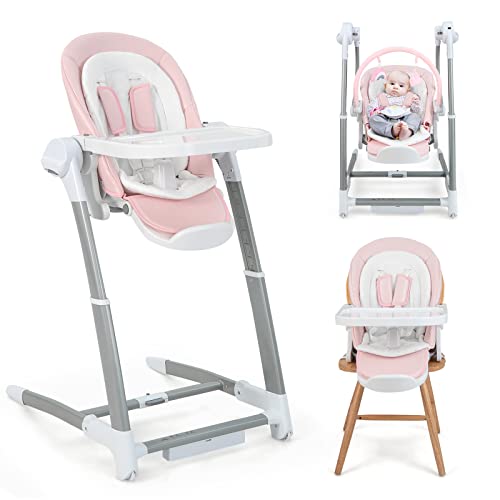 HONEY JOY 3-in-1 Baby Swing & Convertible High Chair for Infants & Toddlers | Portable Infant Booster Seat with Double Food Tray, Wheels & Music | Compact Foldable Design (Pink) - Perfect for Home, Travel & Outdoor Use