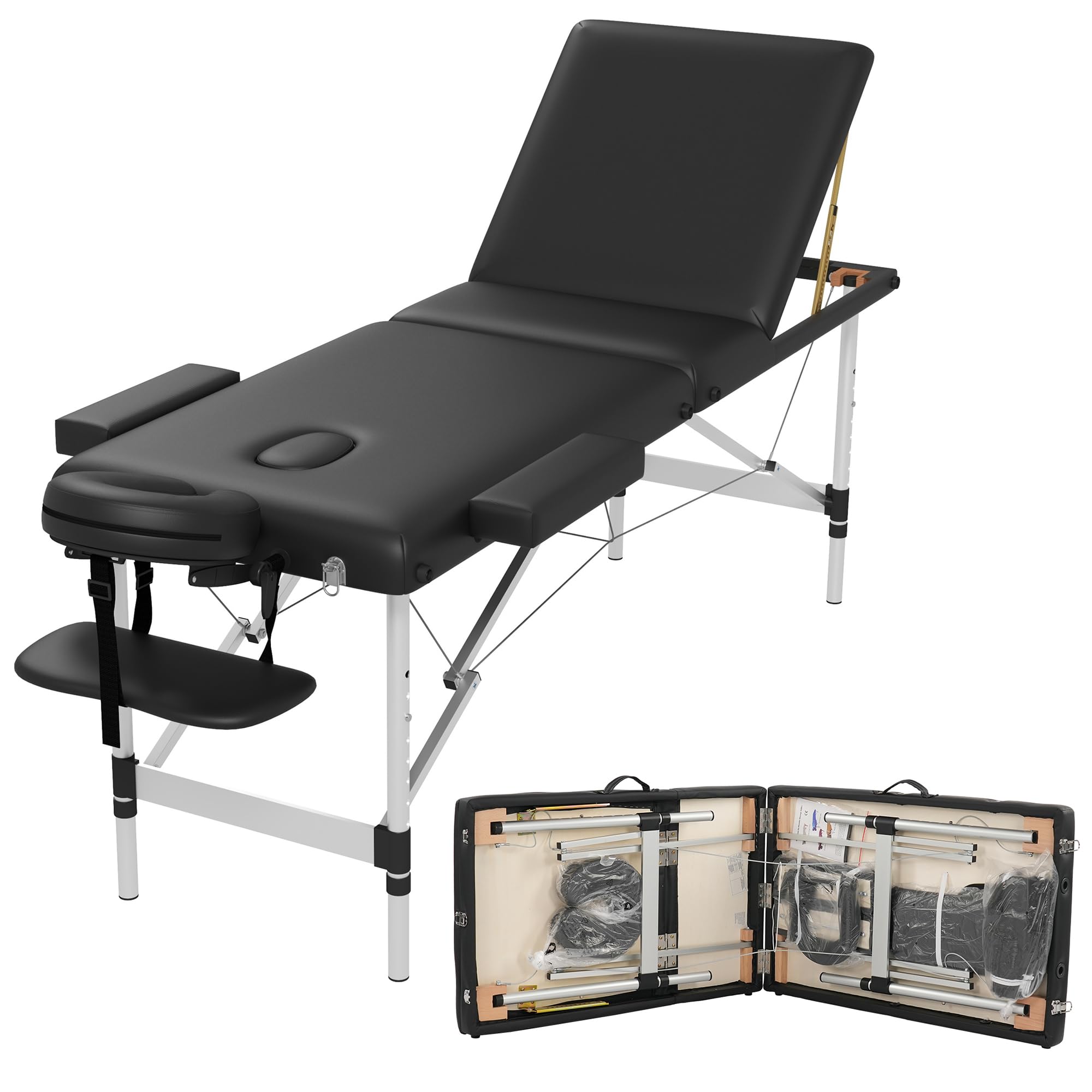 Portable 3-Section Foldable Massage Table - Adjustable Height Tattoo & Lash Spa Bed with Face Cradle | Lightweight Aluminum Frame Salon Bed for Home & Professional Use | Perfect for Massage Therapists, Tattoo Artists & Beauty Salons
