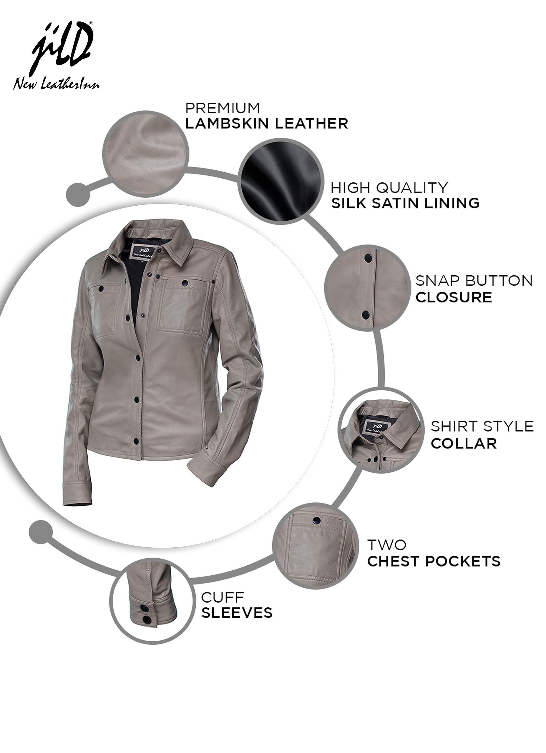 Jild Women's Button Front Lambskin Leather Jacket Shacket - Long Sleeve Casual Shirt Jacket with Bust Pocket | Perfect for Fall Layering, Date Nights & Office Wear