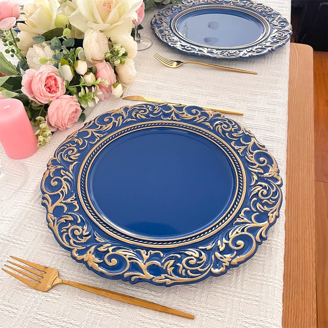 Antique Gold Rim Charger Plates - Set of 6 Royal Blue 13 Inch Round Plastic Embossed Dinner Chargers for Wedding, Party & Elegant Table Decor | Perfect for Formal Dining, Holiday Entertaining & Special Occasions