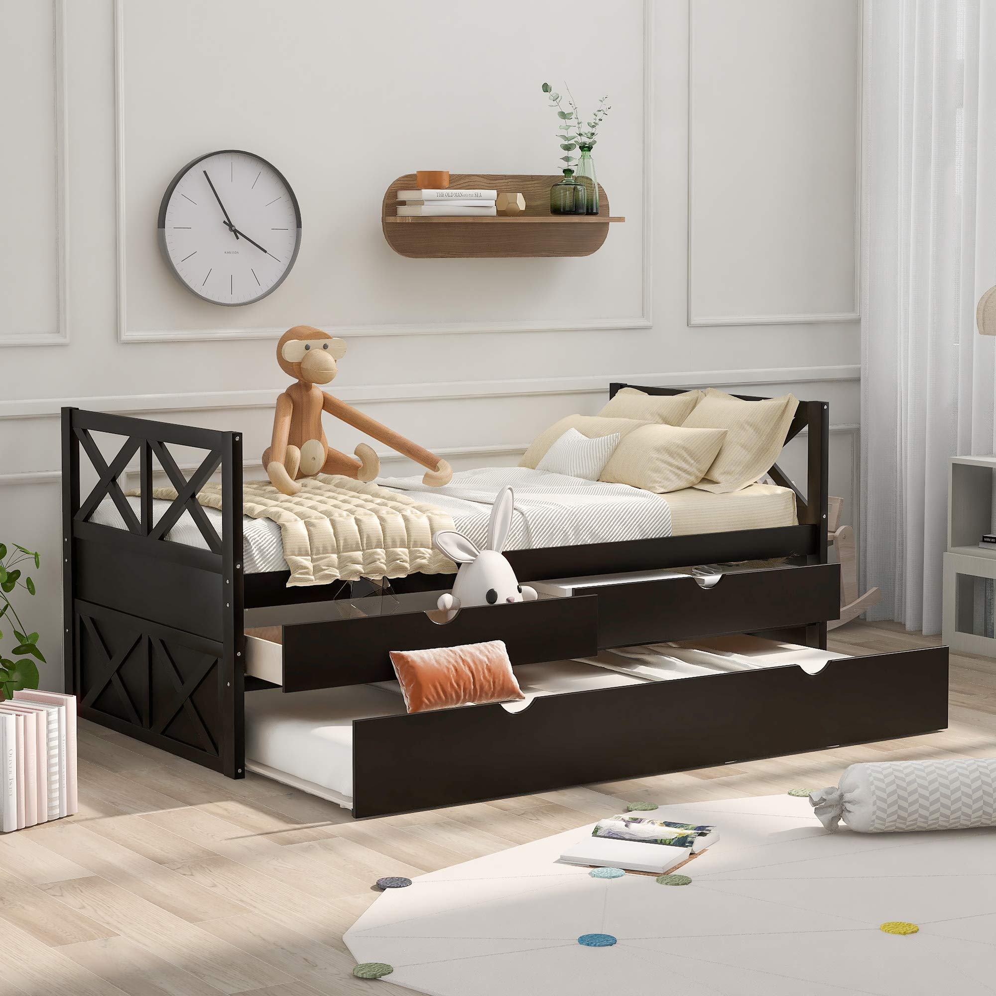 Twin Size Daybed with Drawers & Trundle - Rustic Wooden Storage Platform Bed for Kids & Teens, No Box Spring Needed, Multi-Functional Captain's Bed (Espresso) - Perfect for Guest Rooms, Dormitories & Small Spaces