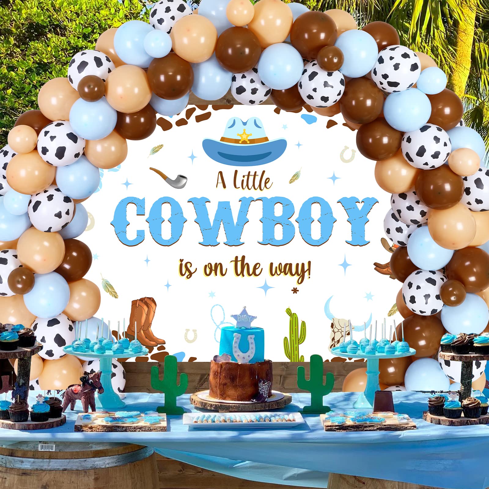 Cheereveal Cowboy Baby Shower Decorations for Boys - Western Theme Backdrop, Blue Balloon Garland Arch Kit | Wild West Baby Shower Party Supplies for Nursery, Gender Reveal & First Birthday Celebrations