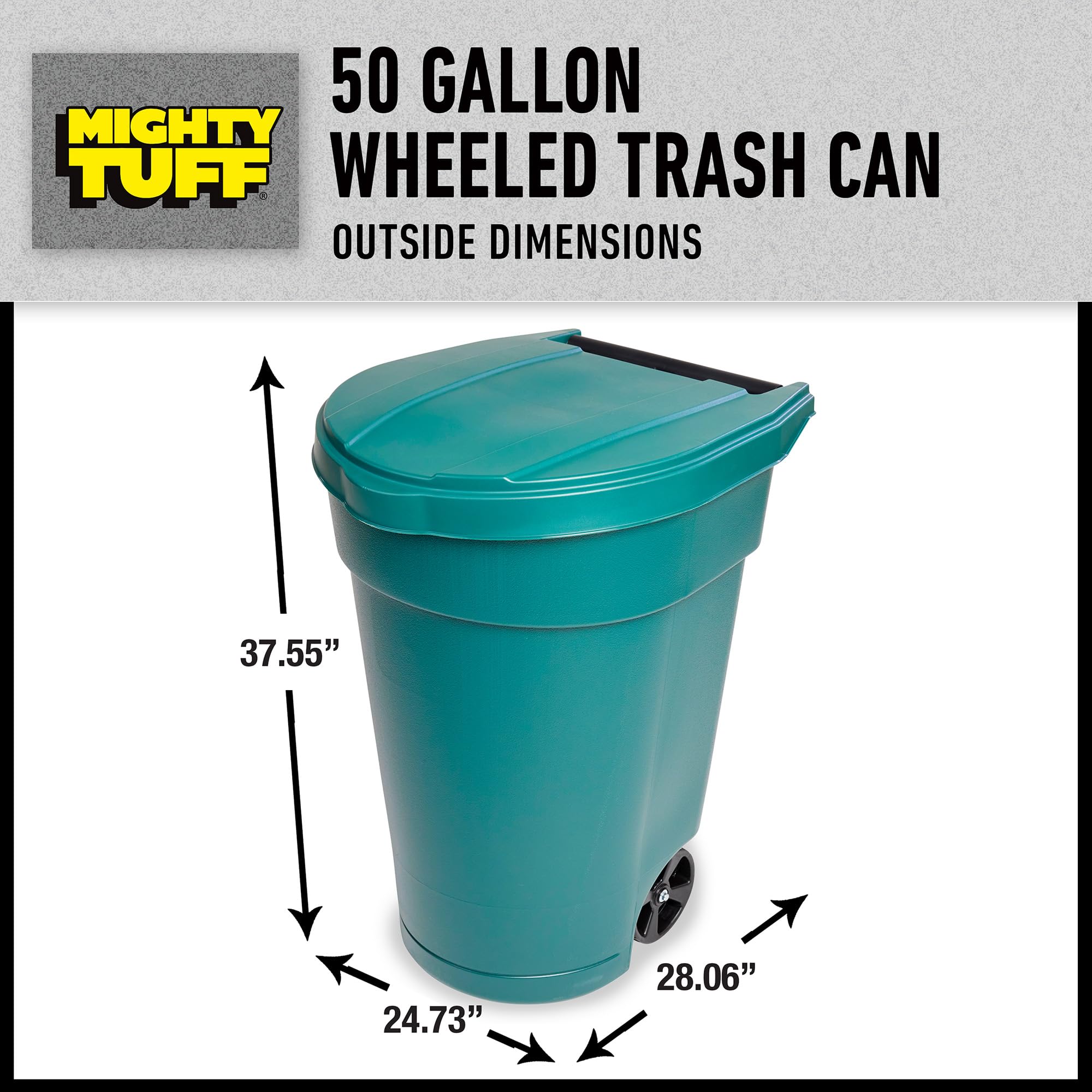 Mighty Tuff 50-Gallon Wheeled Trash Can - Heavy Duty Outdoor Garbage Bin with Lid & Wheels - Durable, Weather-Resistant for Home, Yard, Garage & Commercial Use