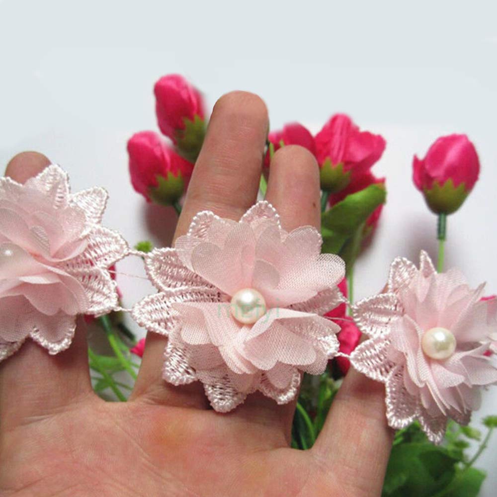 3D Flower Pearl Lace Trim Ribbon - 1 Yard Vintage Pink Embroidered Fabric (5cm Width) for Wedding Dress Embellishment, DIY Sewing Crafts, Party Decor & Clothing Embroidery - Perfect for Bridal Gowns, Home Decor and Fashion Accessories