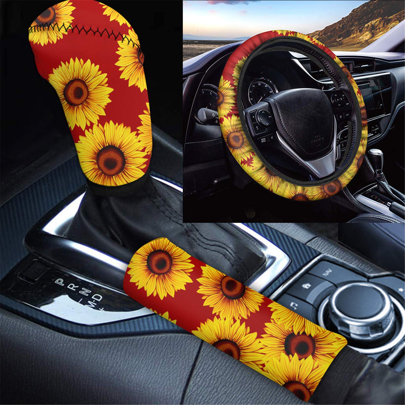 JOAIFO Retro Sunflower Print Universal 15 Inch Car Steering Wheel Cover - Soft Handbrake & Gear Shift Cover Set - Washable & Non-Slip - Vintage Car Accessories for VW Beetle, Mini Cooper - Perfect for Road Trips & Summer Drives