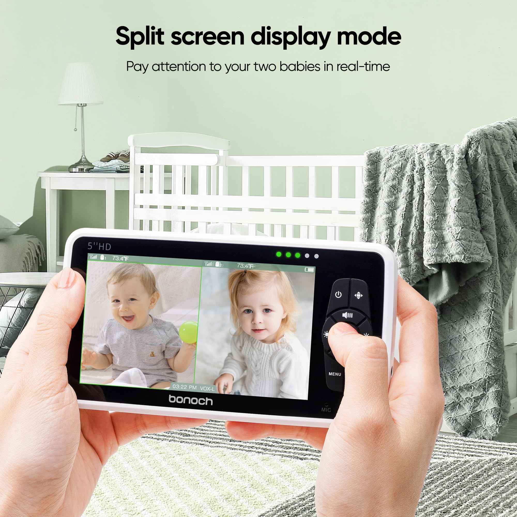 Bonoch Add-on Baby Camera for BBM01/BBM03/BBM05 - 720p HD Video Monitor with Split-Screen, Night Vision, 4X Zoom, 2-Way Audio & Temperature Sensor - Perfect for Nursery, Bedroom & Child Safety Monitoring