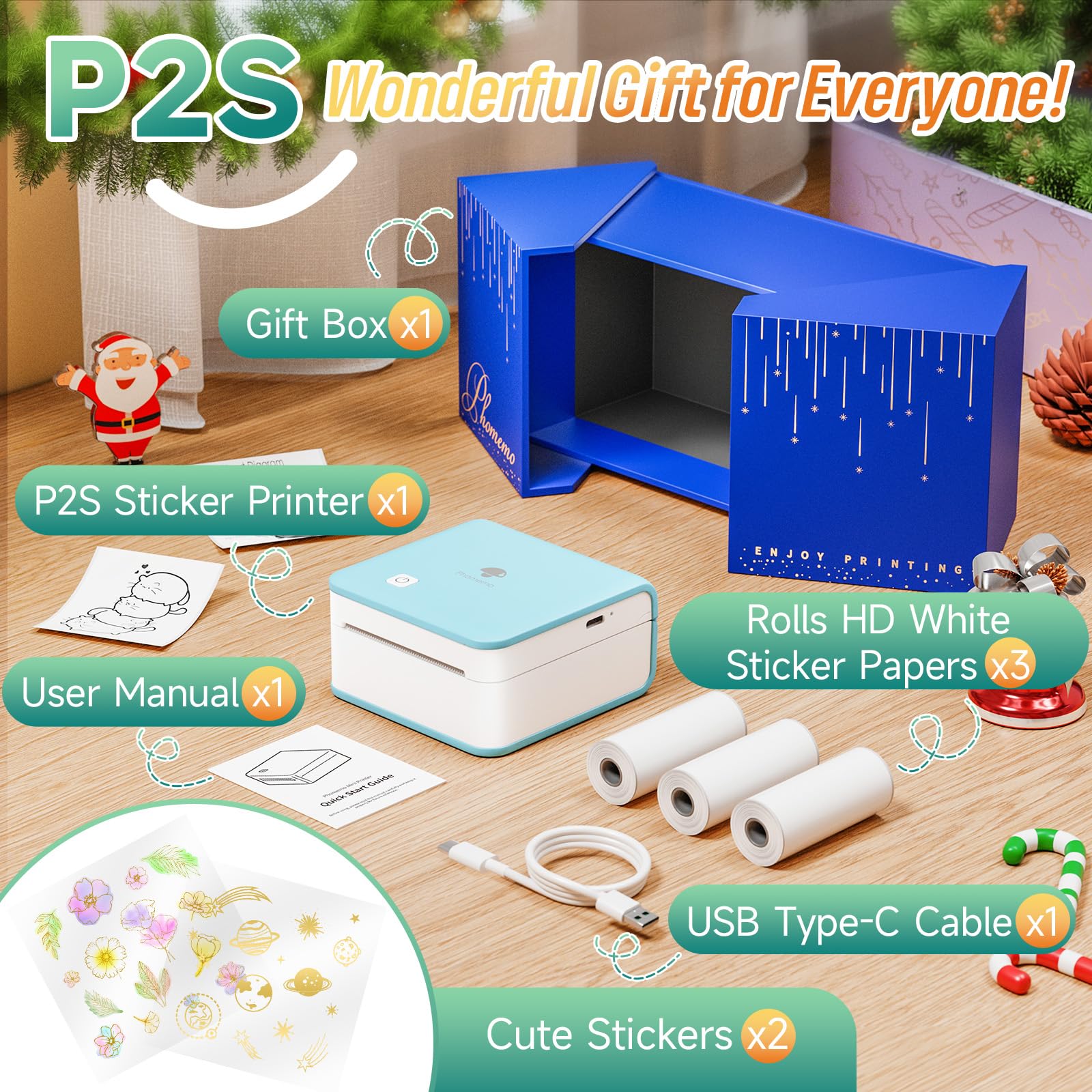 Phomemo Mini Bluetooth Sticker Printer - Portable Thermal Label Maker for Study Notes, Photos, Lists & Gift Wrapping | Perfect for School, Office, Scrapbooking & DIY Crafts (Cyan)