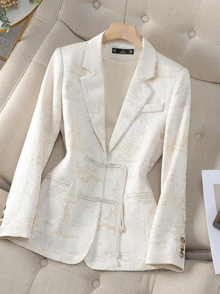 Vintage Chinese Style Beige Print Elegant Women's Long Sleeve Single Breasted Blazer Coat for Autumn Winter Festival | Fashionable Outerwear for Parties, Weddings & Office Wear