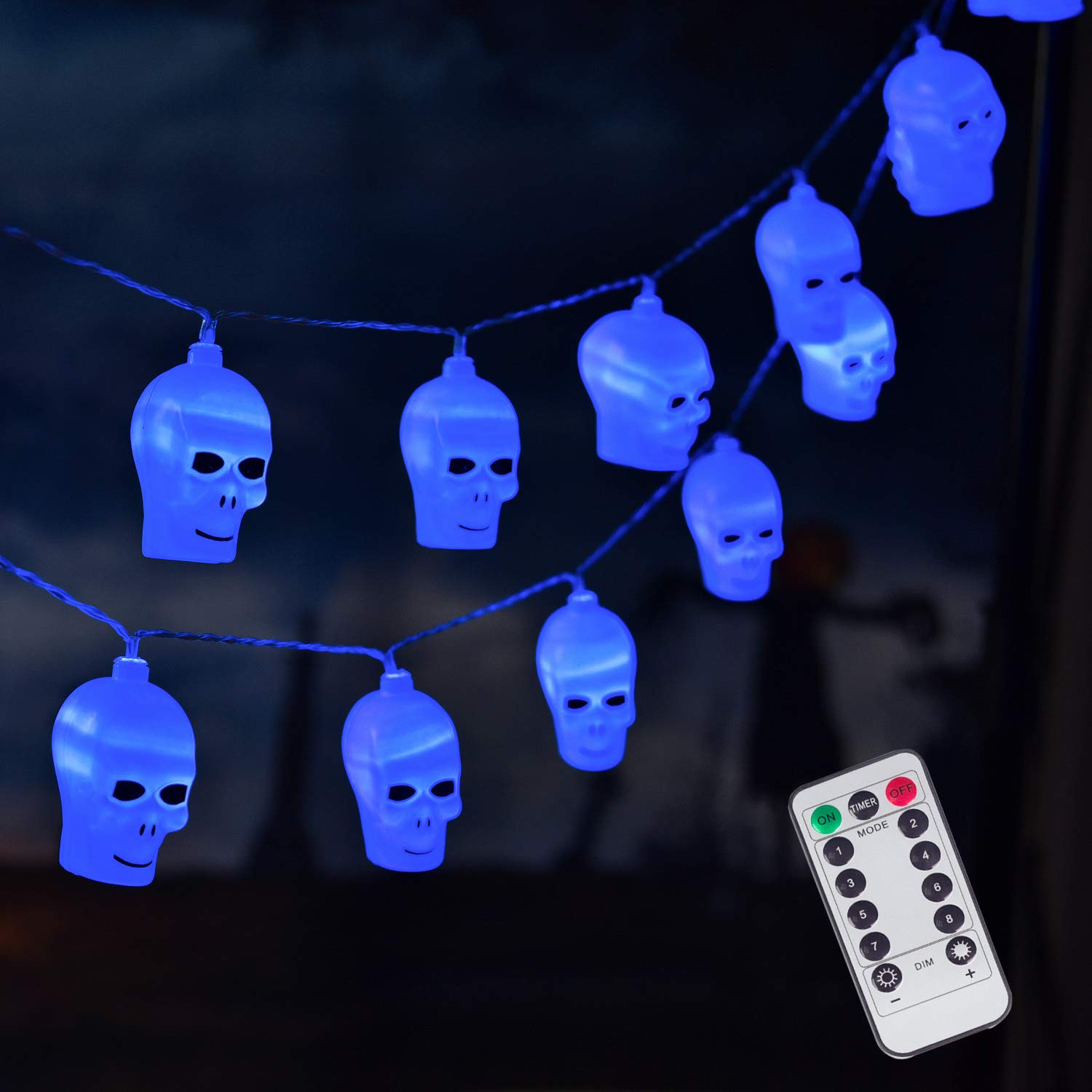20 LED Halloween Skull String Lights with Remote - Waterproof Outdoor/Indoor Decor for Parties & Patios (Blue)