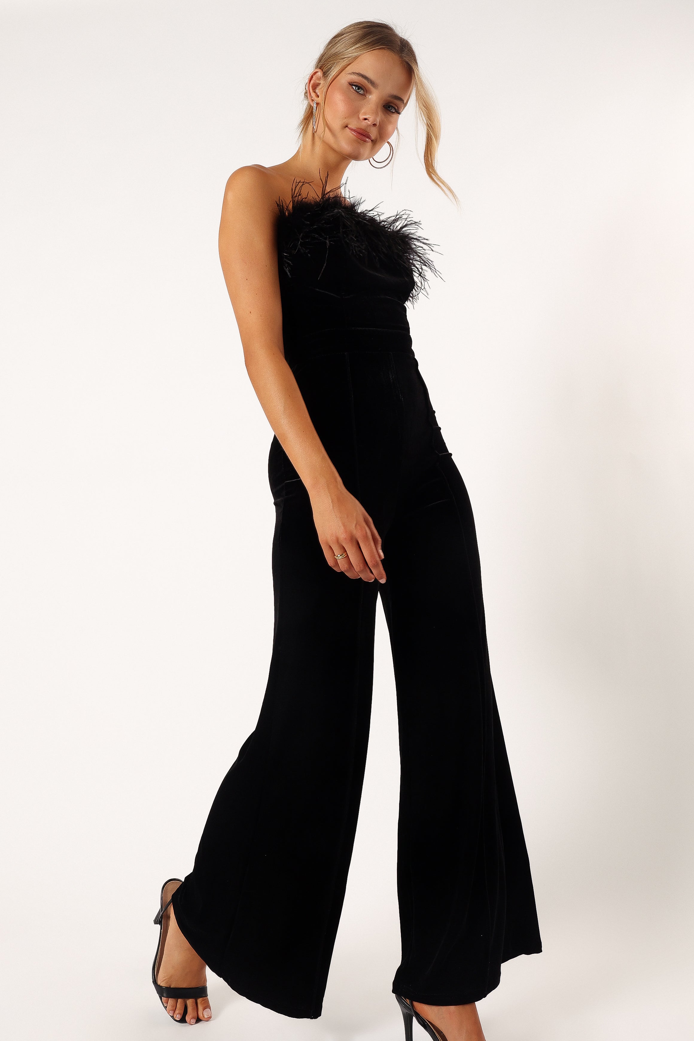 Donatella Black Feather Trim Jumpsuit for Women - Elegant Party Outfit & Evening Wear for Special Occasions