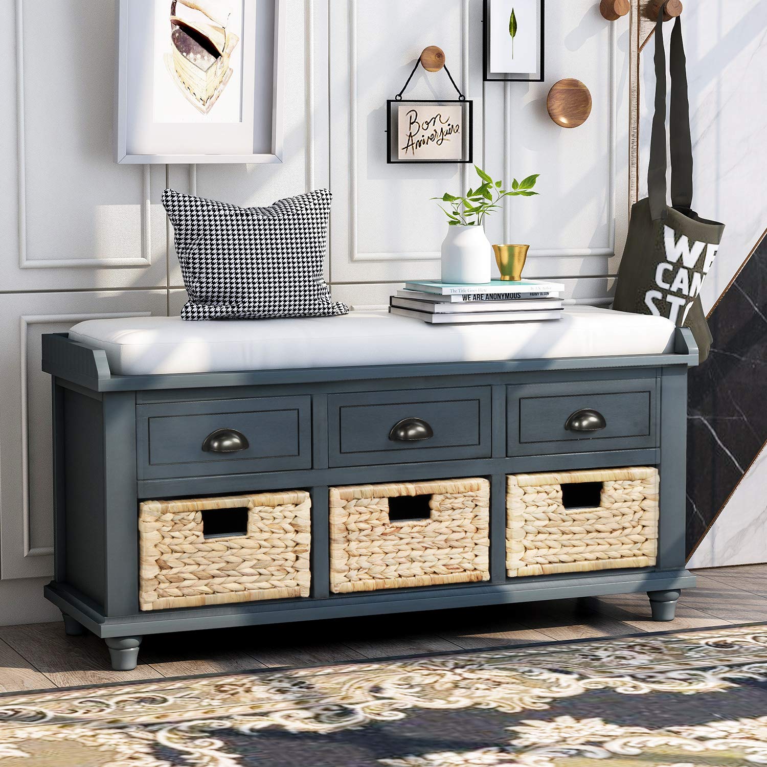 Rustic Storage Bench with Cushion & Drawers for Entryway & Home