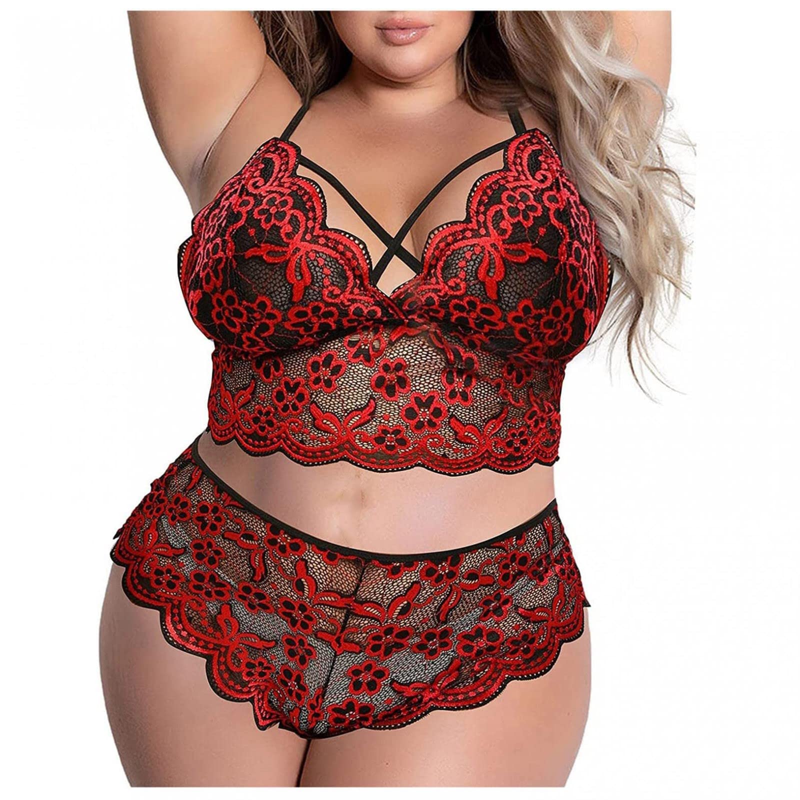 **Zzalalana Plus Size Lingerie Set for Women - Mesh Bra & Panty Set, See-Through Hollow Out Babydoll Sleepwear | Comfortable & Sexy Lingerie for Sleepwear, Date Night, Boudoir Photography**