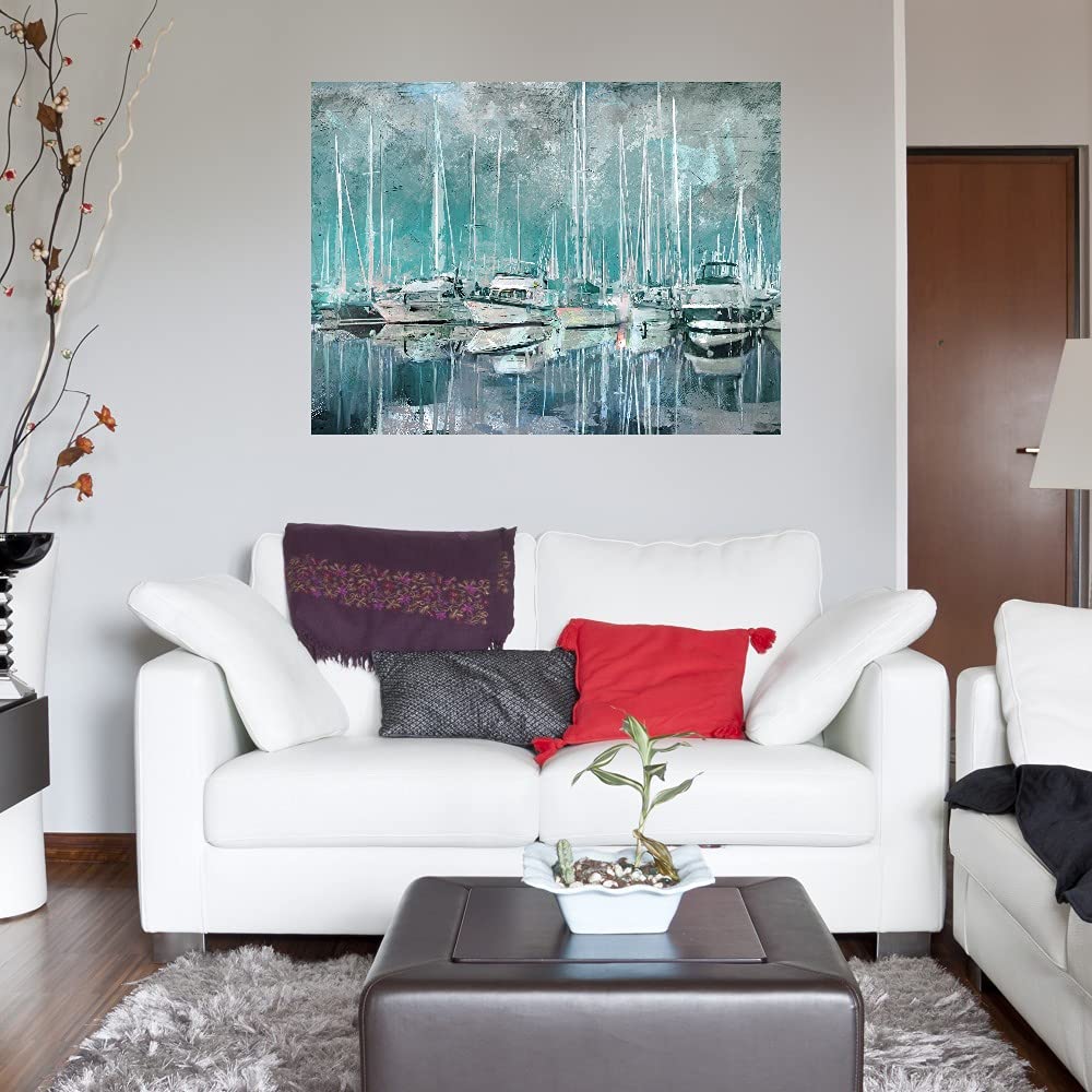 Fine Art Canvas Harbor Masts Wall Decor - Hand Painted Nautical Painting for Living Room, Bedroom, Office - Ready to Hang 32x24 Inches - Perfect for Coastal & Beach House Decor