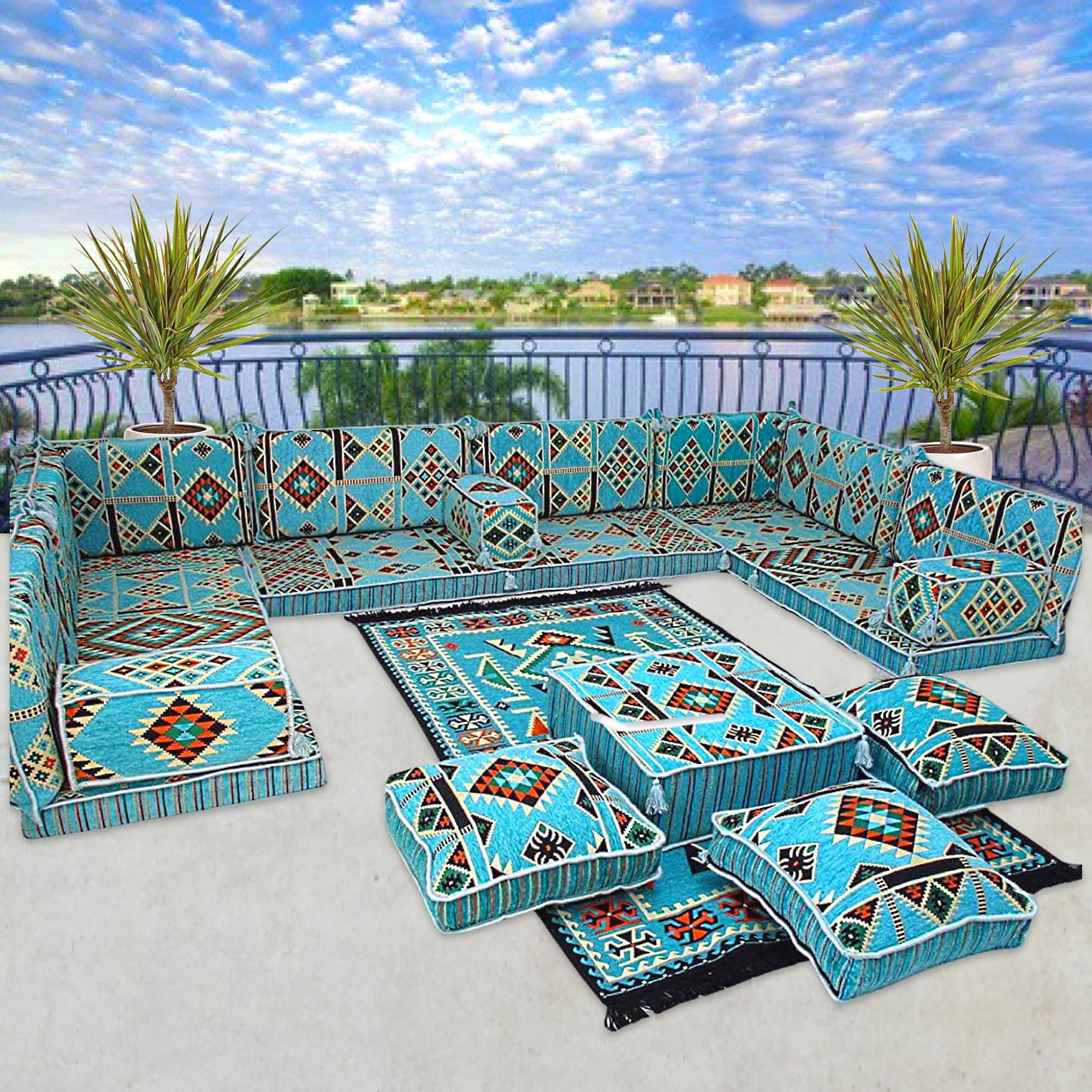 Premium Arabic U-Shaped Living Room Furniture Set - Traditional Majlis Seating, Floor Cushions & Sofa for Home Decor | Perfect for Middle Eastern Style Lounges, Cultural Gatherings & Cozy Family Nights