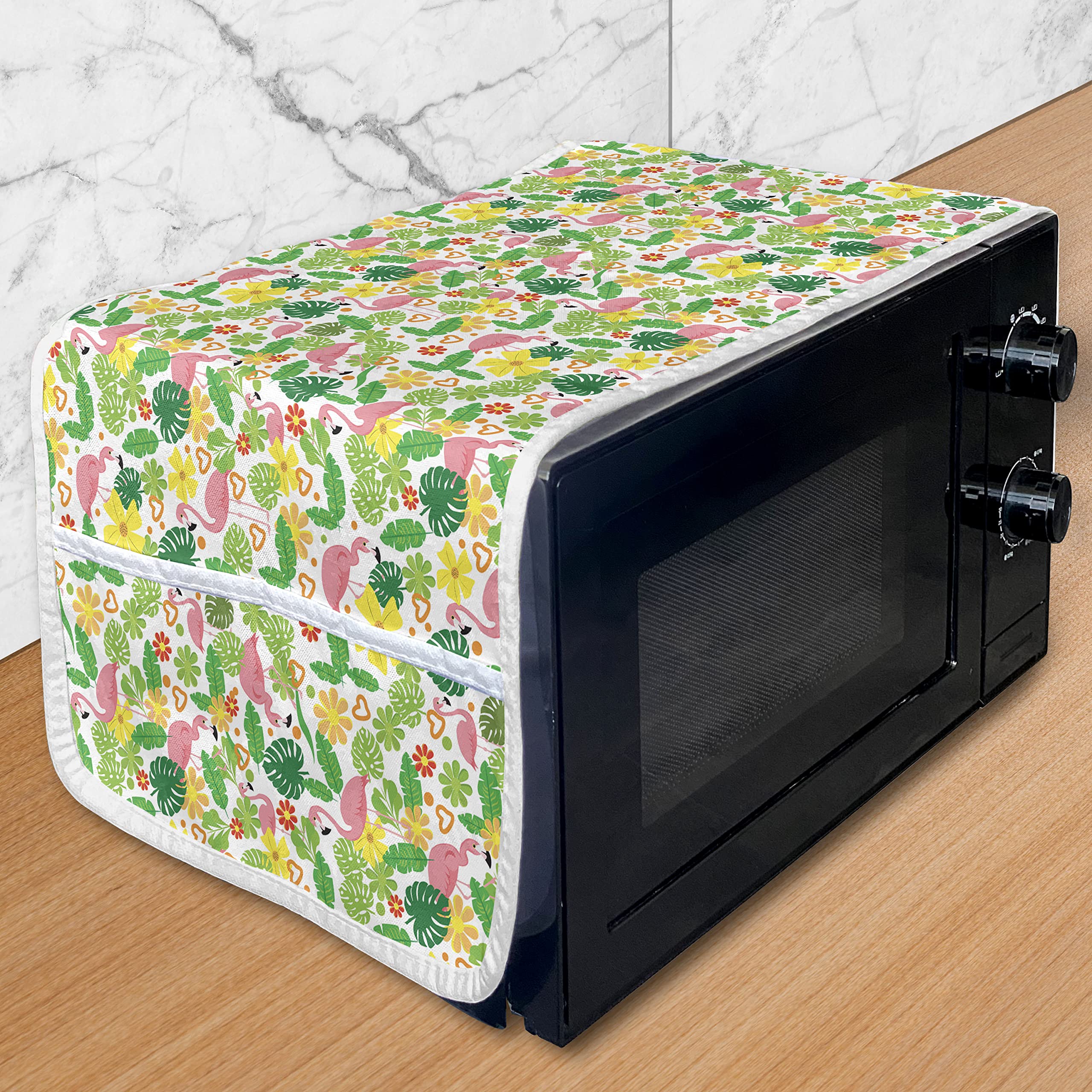 Ambesonne Tropical Microwave Cover - Waterproof Kitchen Organizer with Pockets, Exotic Palm Leaves & Flamingo Design, 36x12 Inches - Perfect for Beach House, Summer Kitchen Decor & Tropical Themed Parties