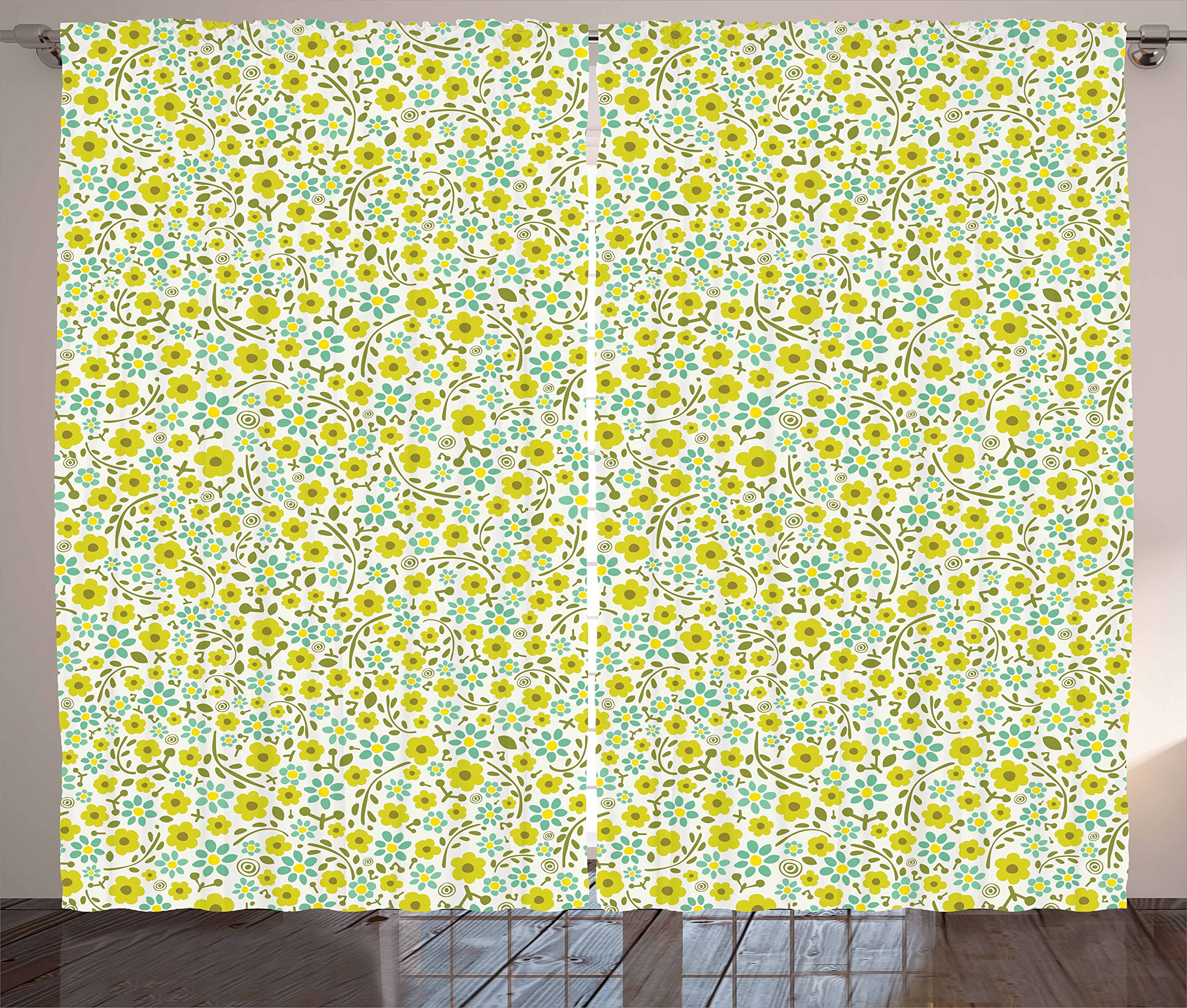Ambesonne Floral Curtains - Blossoming Spring Garden Design in Green Shades, Nature Inspired Window Drapes for Living Room & Bedroom, 2 Panel Set 108