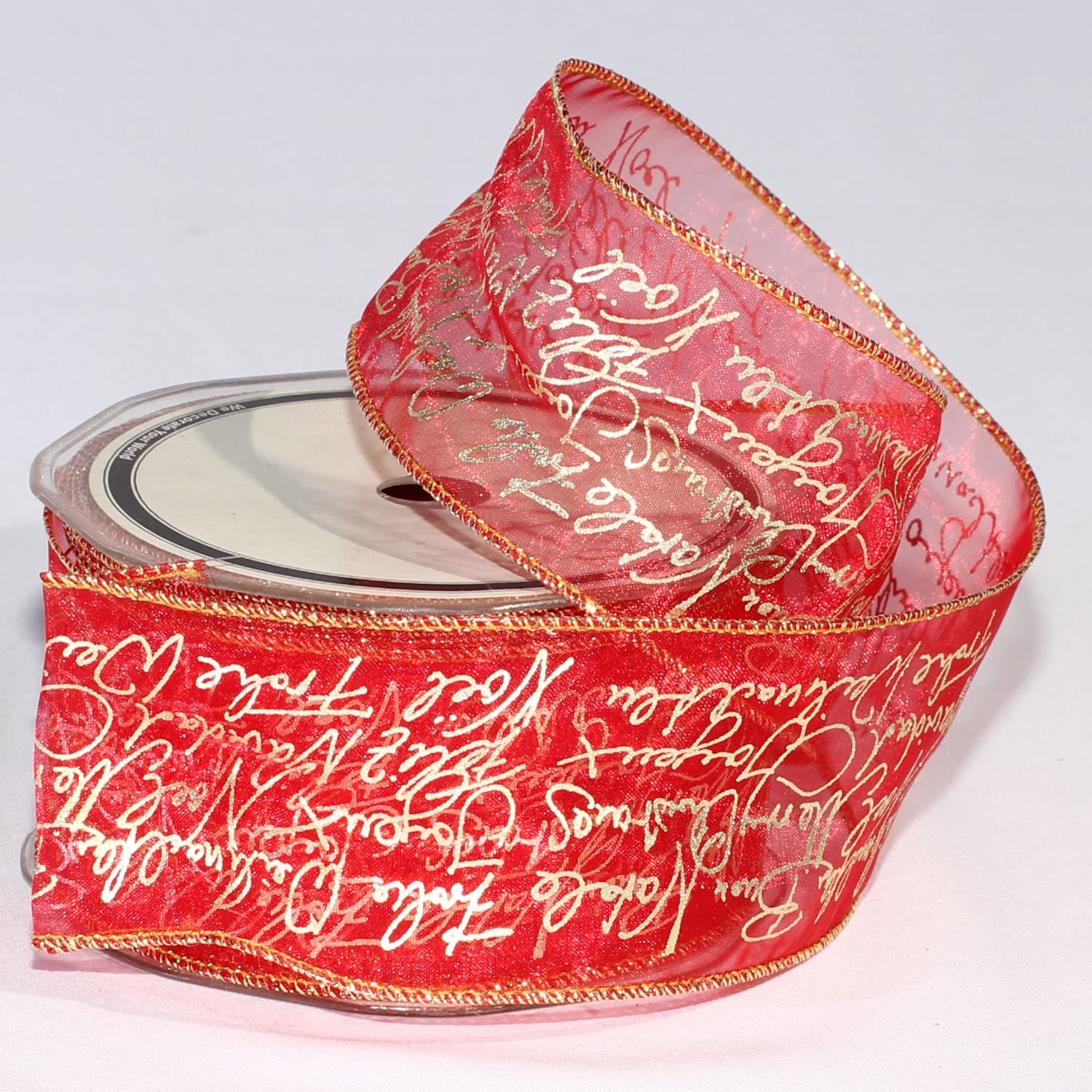 Sheer Red and Gold Christmas Print Wired Craft Ribbon - 2 Inch x 27 Yards - Perfect for Holiday Gift Wrapping, DIY Decorations, and Seasonal Craft Projects