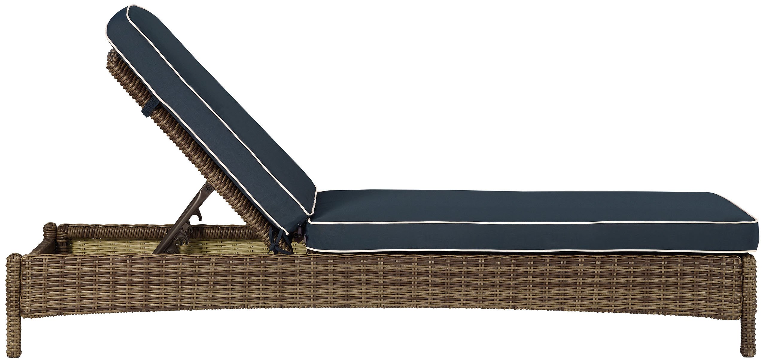 Crosley Bradenton Reclining Wicker Outdoor Chaise Lounge Chair - Brown with Navy Cushions for Patio, Deck, Backyard, Poolside Relaxation | Weather-Resistant Wicker Furniture for Outdoor Lounging & Sunbathing