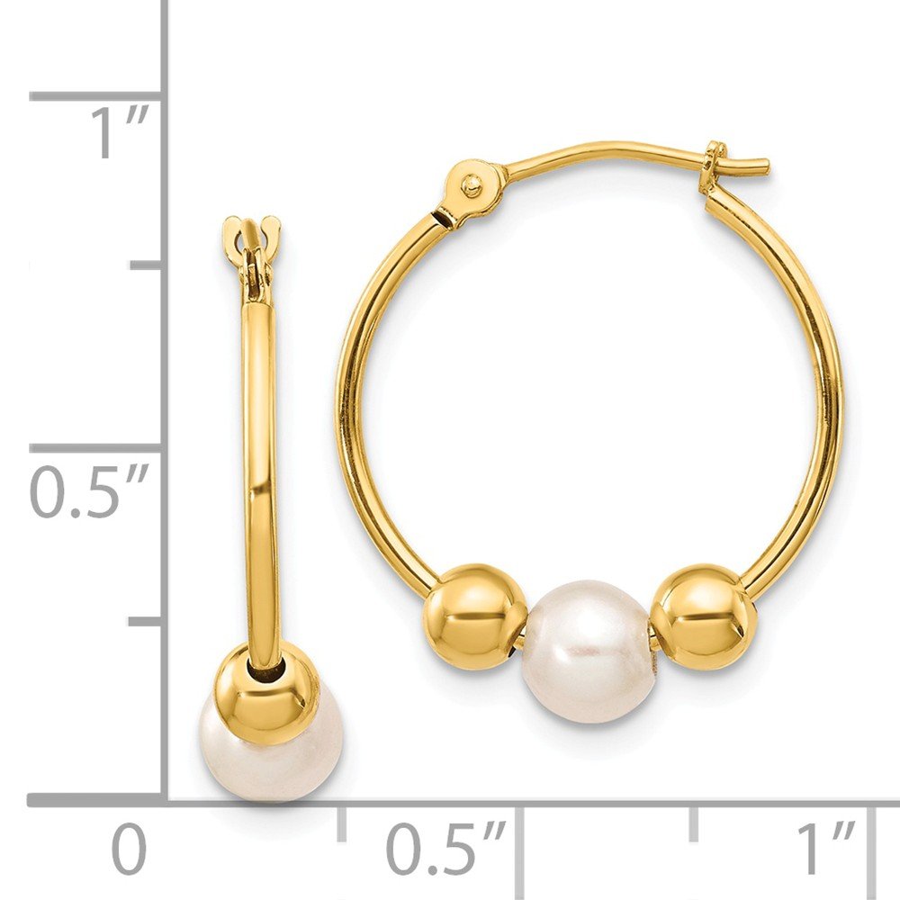 14K Yellow Gold Hoop Earrings with Freshwater Cultured Pearls - 21mm x 19mm Polished Pearl Dangle Earrings for Women, Perfect for Weddings, Parties & Special Occasions