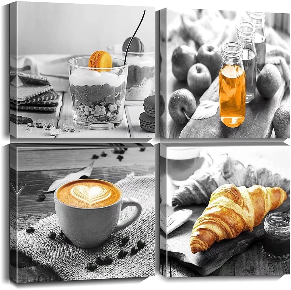 Modern Black and White Coffee Canvas Painting Set - 12x12 Inch Framed Wall Art for Kitchen, Bakery & Cafe Decor (4-Piece) - Perfect for Breakfast Nook, Dining Room & Coffee Shop Ambiance
