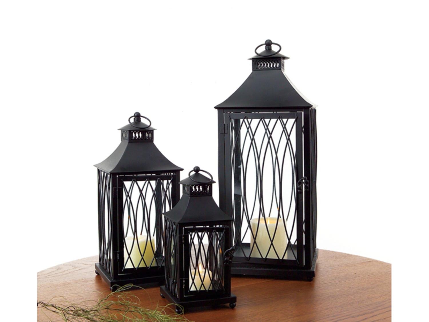 3-Pack Black Pagoda Style Roof Pillar Candle Lanterns - 24 Inch Outdoor Decorative Lighting for Garden, Patio, and Wedding Decor