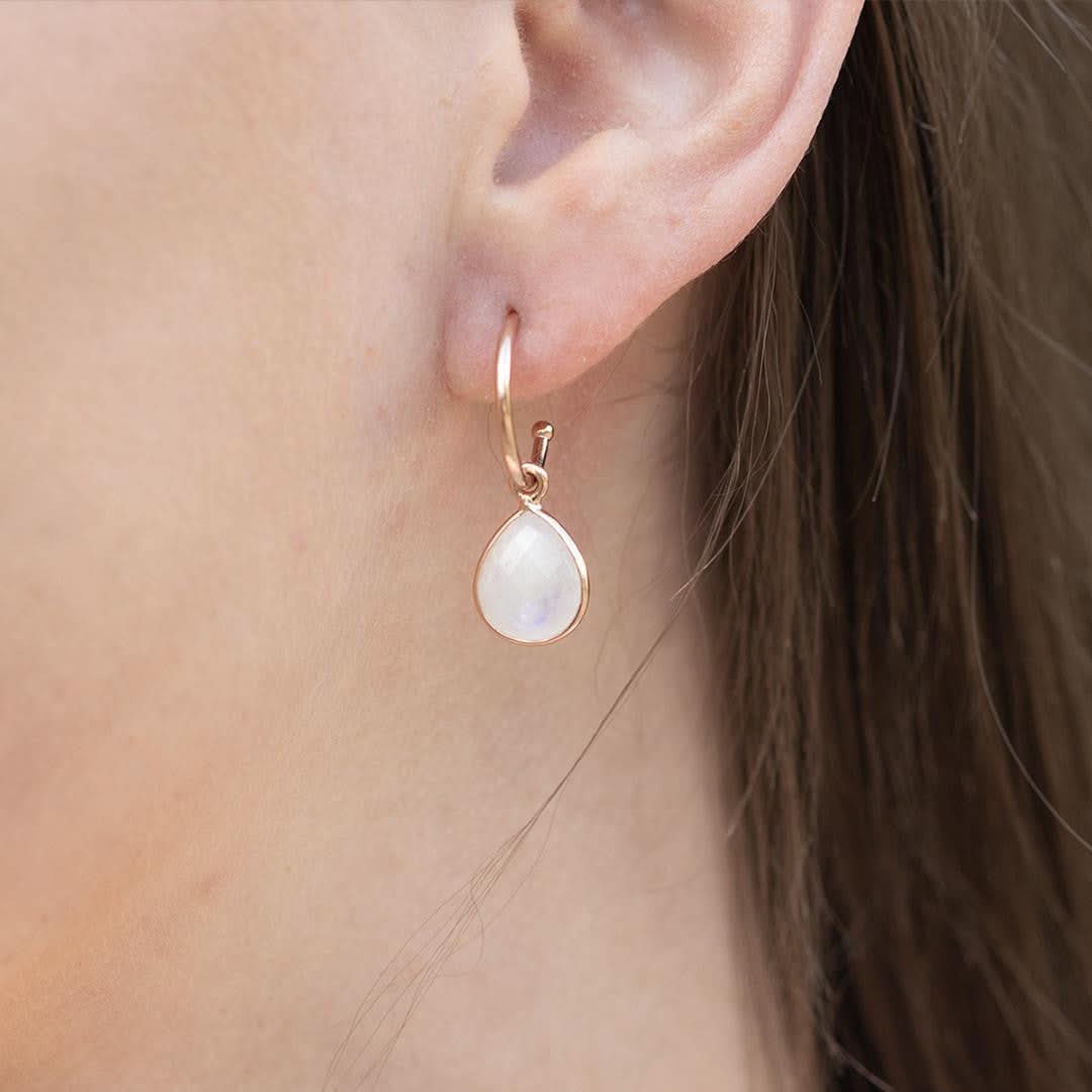 Rose Gold Moonstone Drop Hoop Earrings - June Birthstone Jewelry for Women | Perfect for Weddings, Parties & Everyday Wear