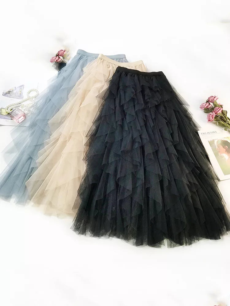Elegant Women's Long Maxi Tutu Tulle Skirt - High Waist Pleated Korean Style Skirt in Black & Pink for Spring Summer | Perfect for Weddings, Parties & Photo Shoots