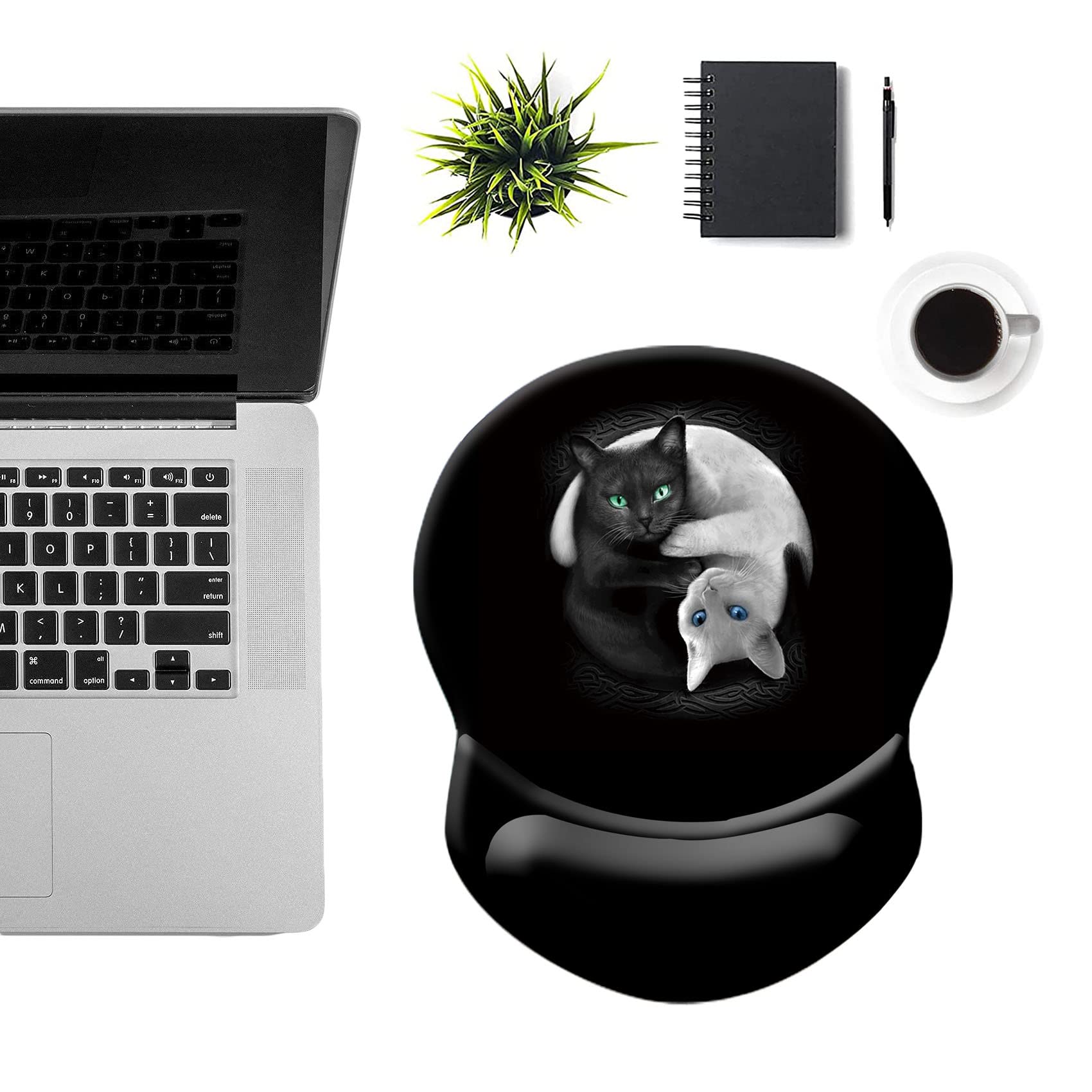 Ergonomic Mouse Pad with Wrist Support - Pain Relief & Comfort for Home, Office, Work, Study & Gaming - Non-Slip PU Base - Cute Black & White Cat Design (Perfect for Long Computer Sessions & Typing)