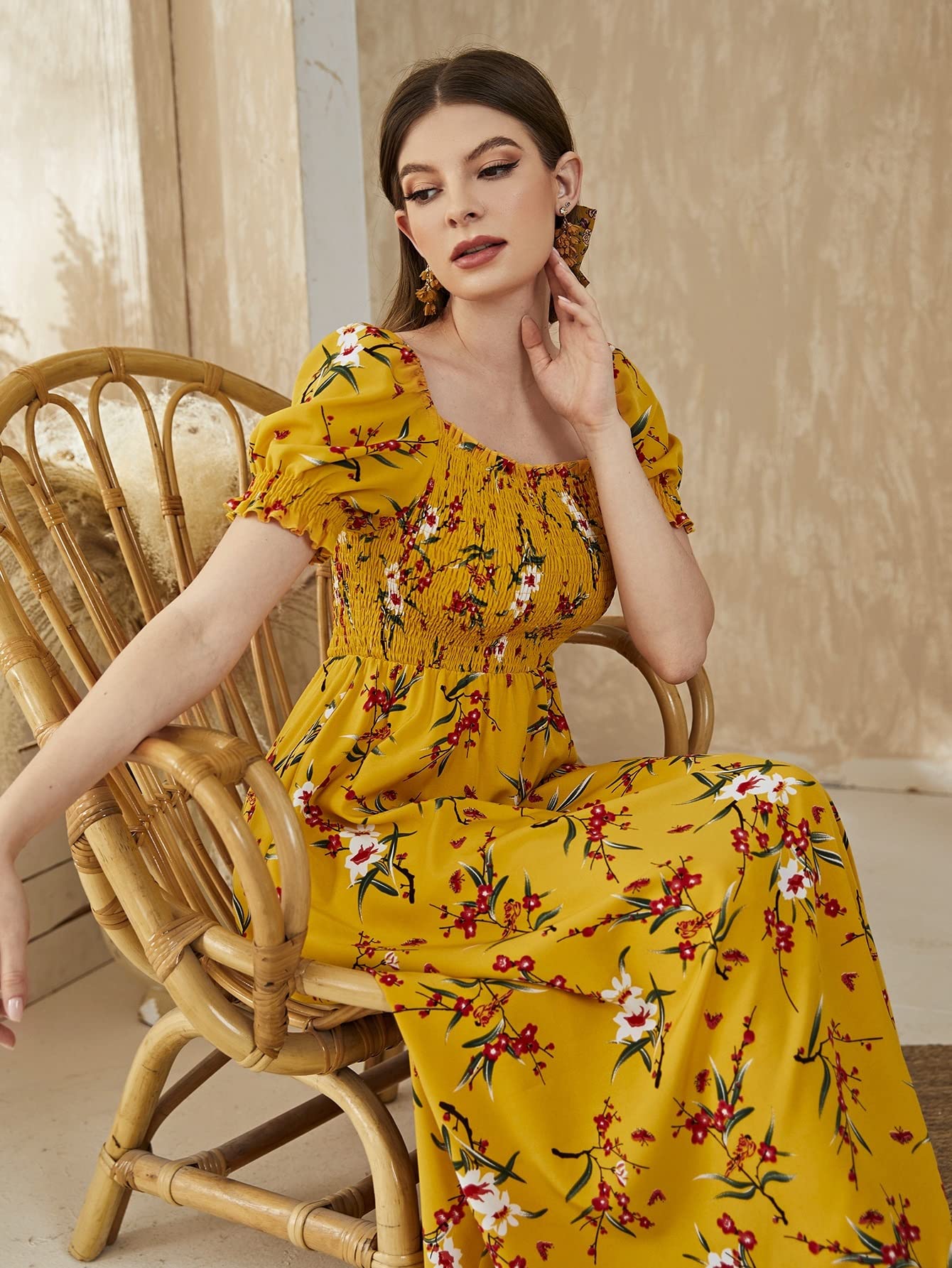 VIYAN Women's Bohemian Floral Print Square Neck A-Line Dress with Shirred Detail & Short Sleeves | Perfect for Summer Vacations, Beach Outings, and Casual Date Nights