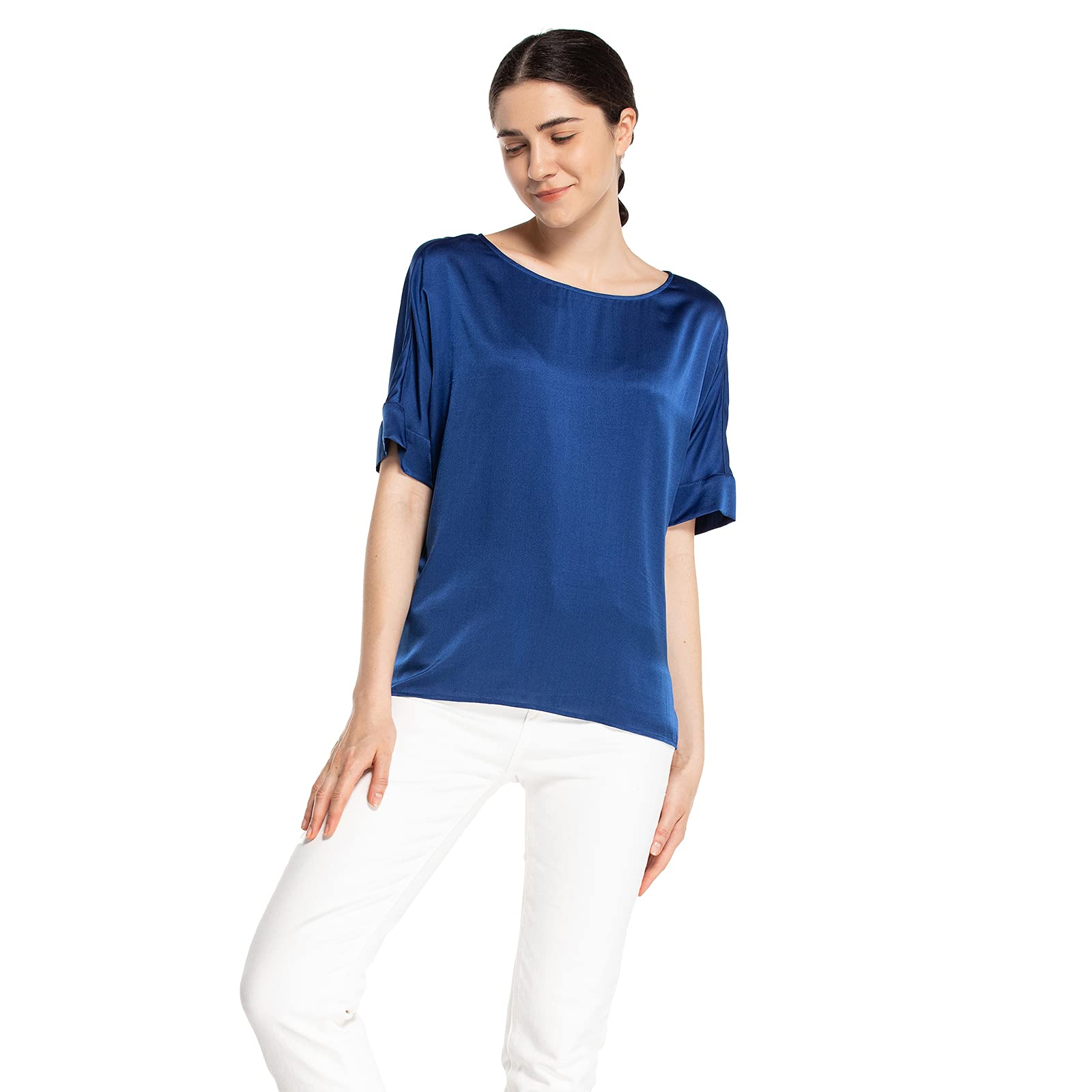 Women's Silk T-Shirt - Loose Fit Short Sleeve Round Neck Blouse for Summer | Casual Beach Wear & Vacation Outfits | Breathable Cute Top for Daily Wear, Travel and Date Nights