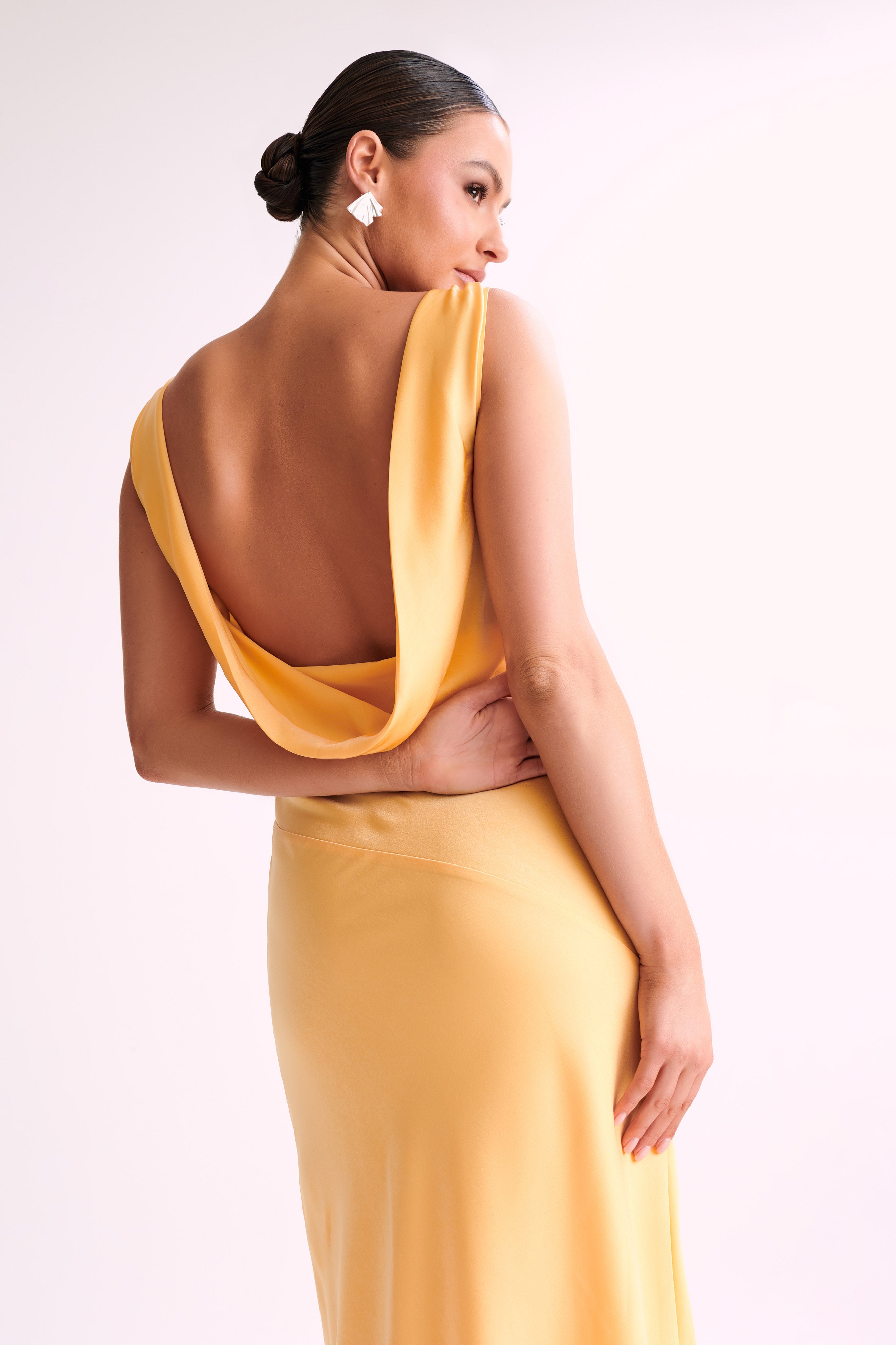 Nadia Maxi Satin Dress with Back Cowl in Lemon Yellow - Elegant Evening Gown for Weddings, Parties & Special Occasions