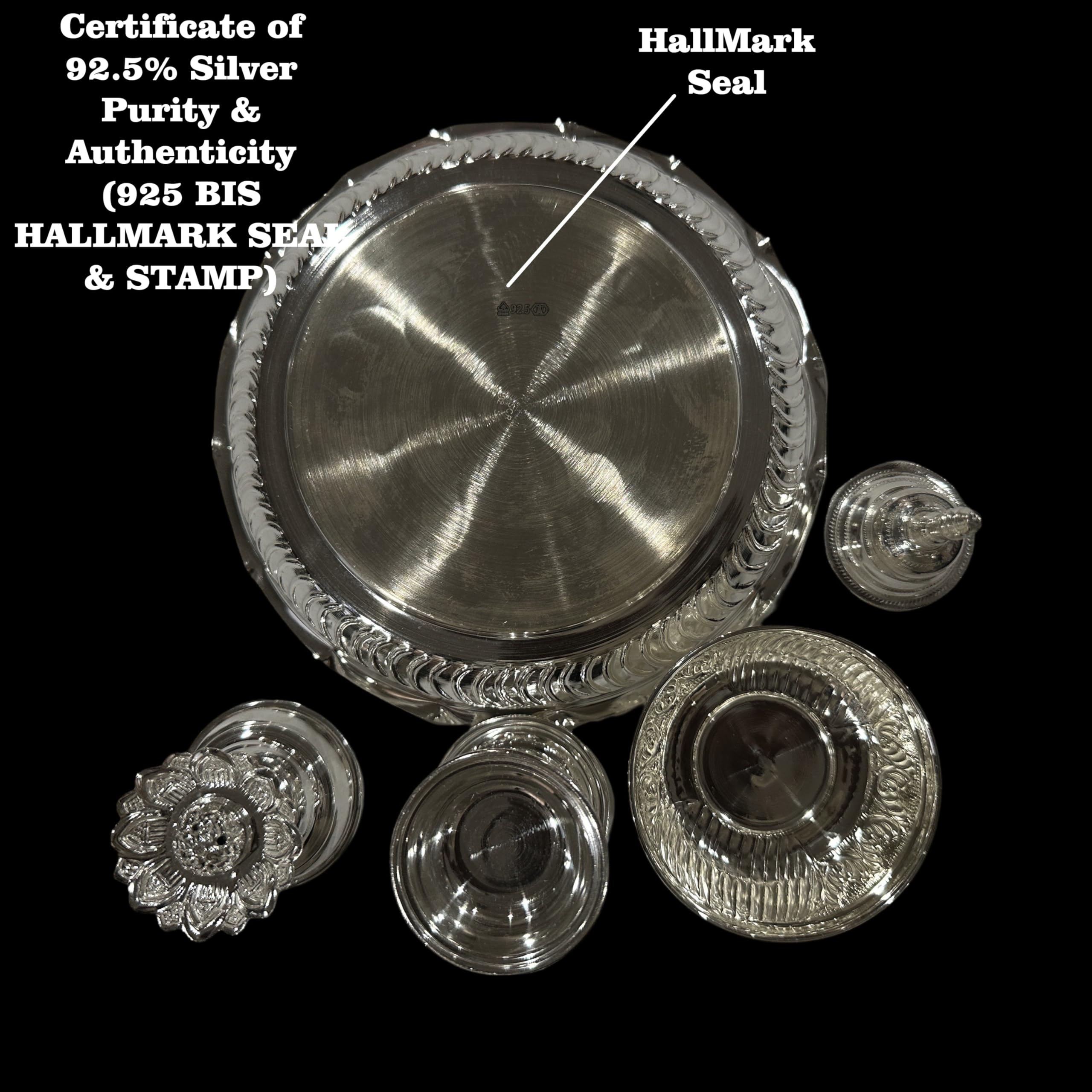 925 Sterling Silver Certified Puja Set - 6.0 Inch Hallmarked Hindu Prayer Kit with Diya, Bell & Spoon | Perfect for Home Worship, Temple Offerings & Spiritual Ceremonies