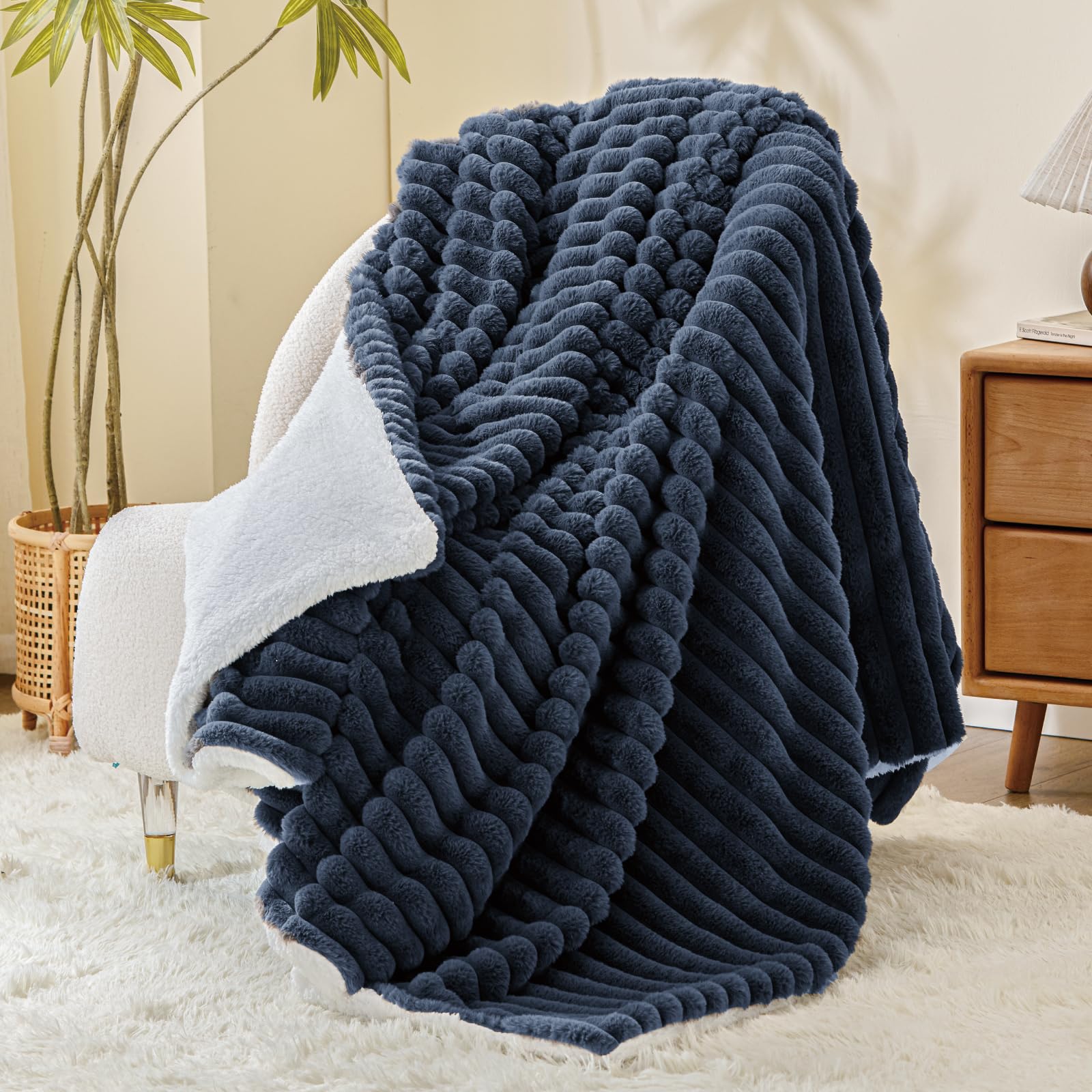 INFIIXSO Sherpa Throw Blanket for Couch - Ultra Soft & Warm Striped Fleece Blanket, Cozy Plush Fluffy Blanket for All Seasons (60x80 Inches, Navy Blue) - Perfect for Sofa, Bed, Office & Travel Use