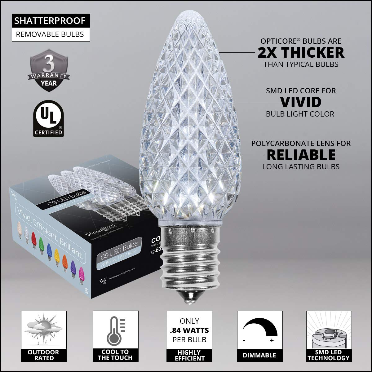 Wintergreen Lighting 100ft OptiCore LED Cool White Christmas Pathway Lights - C9 Outdoor Holiday String Lights with 4.5