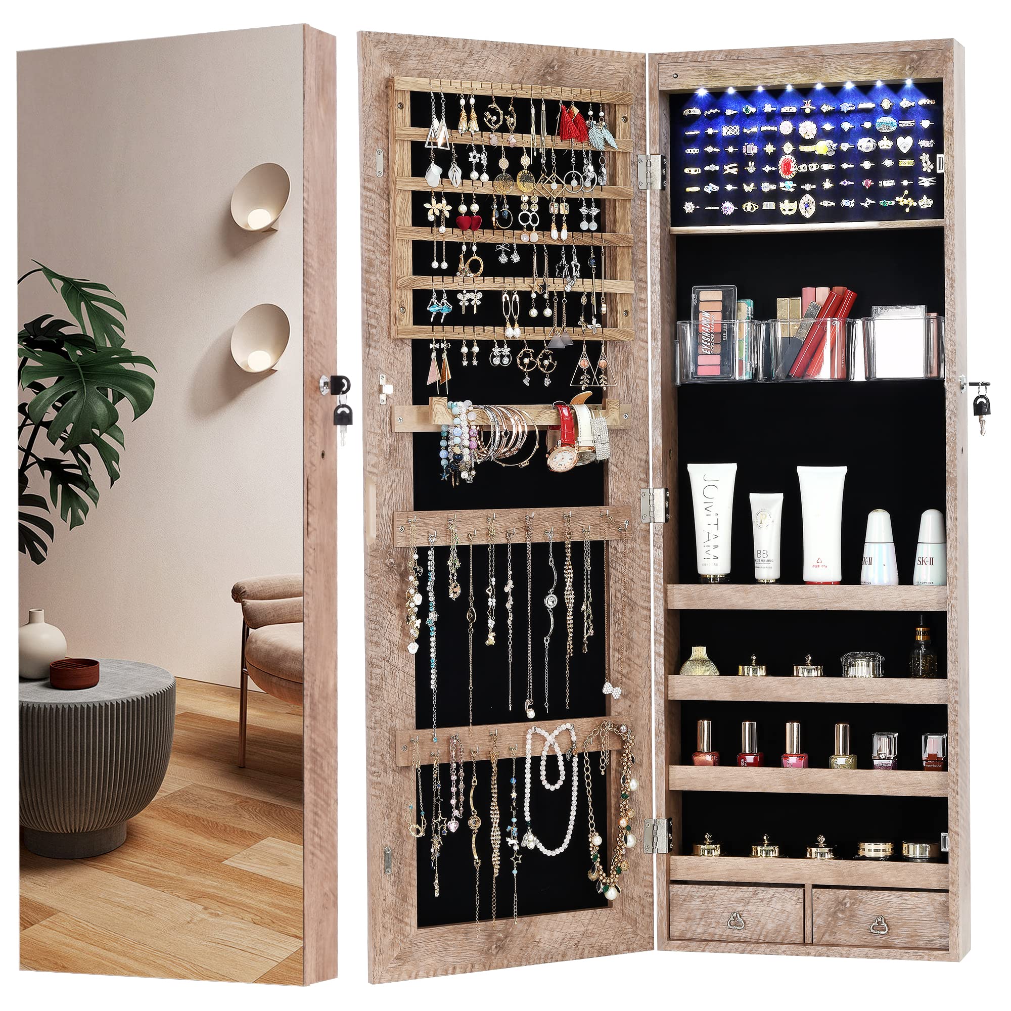 LVSOMT Full-Length Mirror Jewelry Cabinet with LED Lights - Wall Mount or Door Hanging Jewelry Organizer with 2 Drawers & 4 Shelves - Large Jewelry Armoire Storage for Necklaces, Rings & Accessories - Perfect for Bedroom, Closet or Dressing Room (Natural Wood)