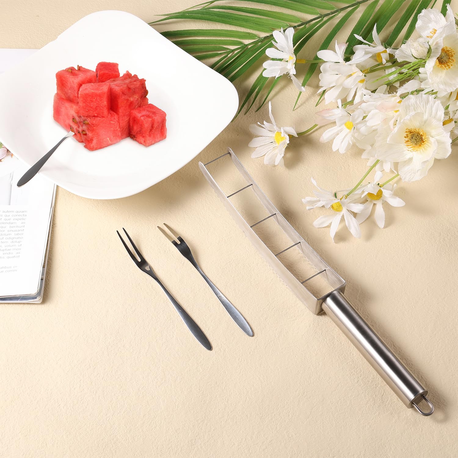 Premium Stainless Steel Watermelon Cutter with 3 Fruit Forks - Quick & Easy Melon Cube Slicer for Kitchen - Perfect for Summer BBQs, Picnics, and Fruit Salad Preparation
