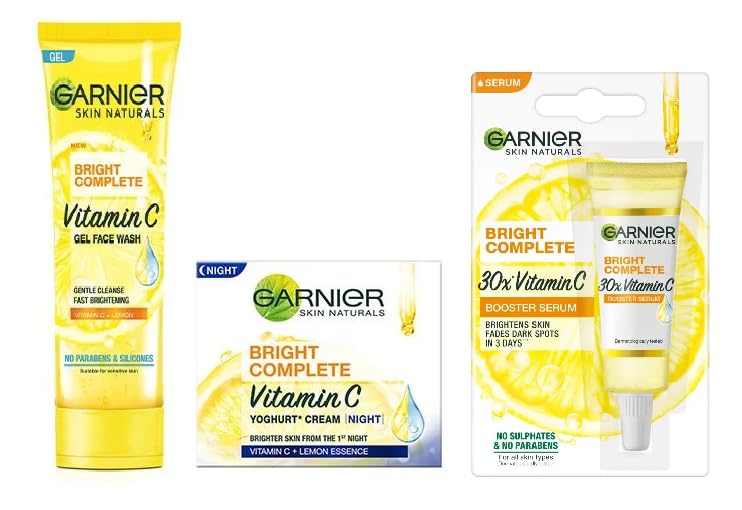 Garnier Bright Complete Vitamin C Skincare Set - Night Cream (18g), Face Serum (7ml), Gel Face Wash (50g) | Brightening, Anti-Aging | Perfect for Nighttime Routine & Glowing Skin