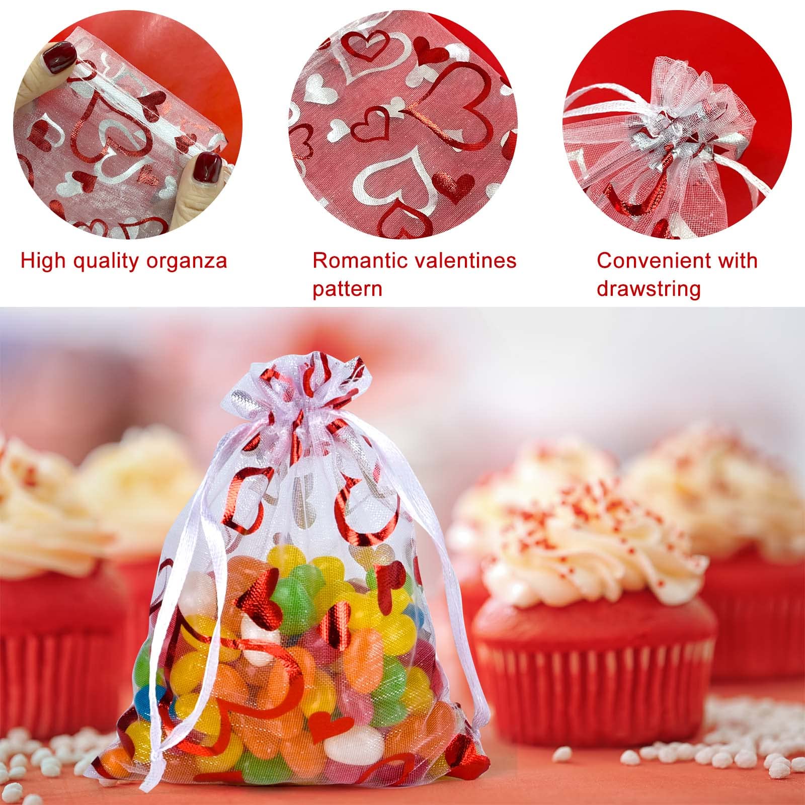 120 Pcs Valentine's Day Gift Bags - Red Heart Organza Drawstring Pouches for Jewelry, Wedding Favors, Party Decorations - Perfect for Romantic Gifts, Wedding Party Supplies & Birthday Celebrations