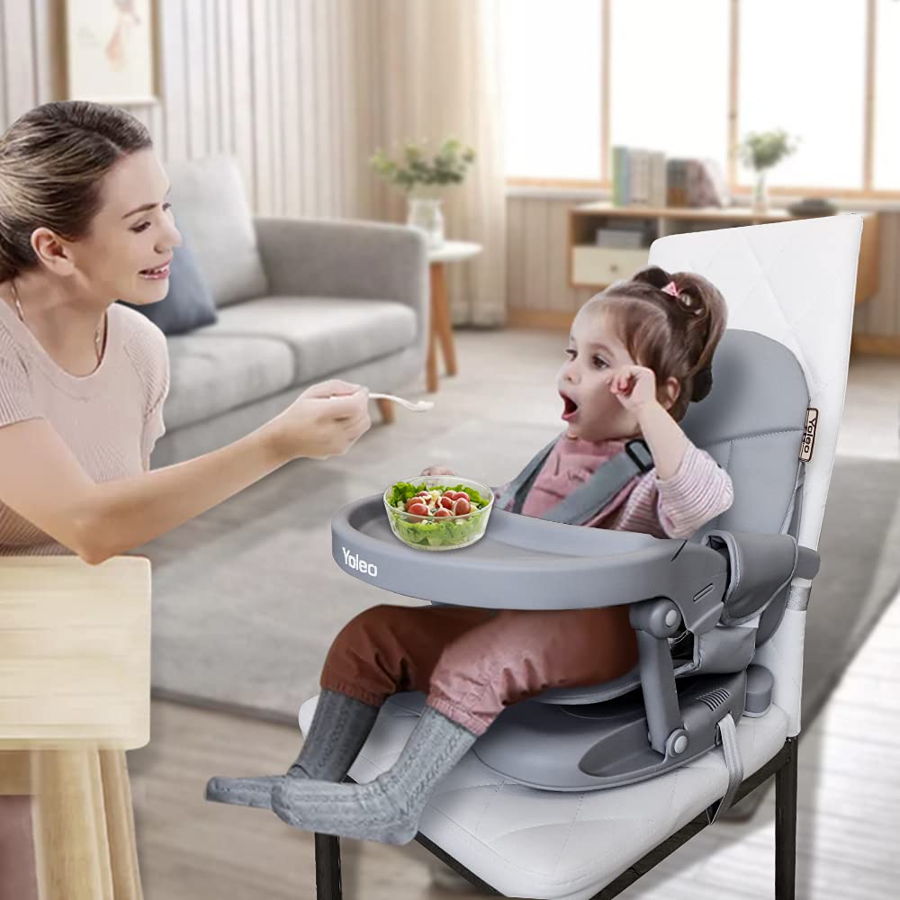 YOLEO Adjustable Baby High Chair Booster Seat for Dining Table - Portable Toddler Travel High Chair with Removable Tray & Washable Cushion - Foldable Design for Home & Restaurant Use (Grey)