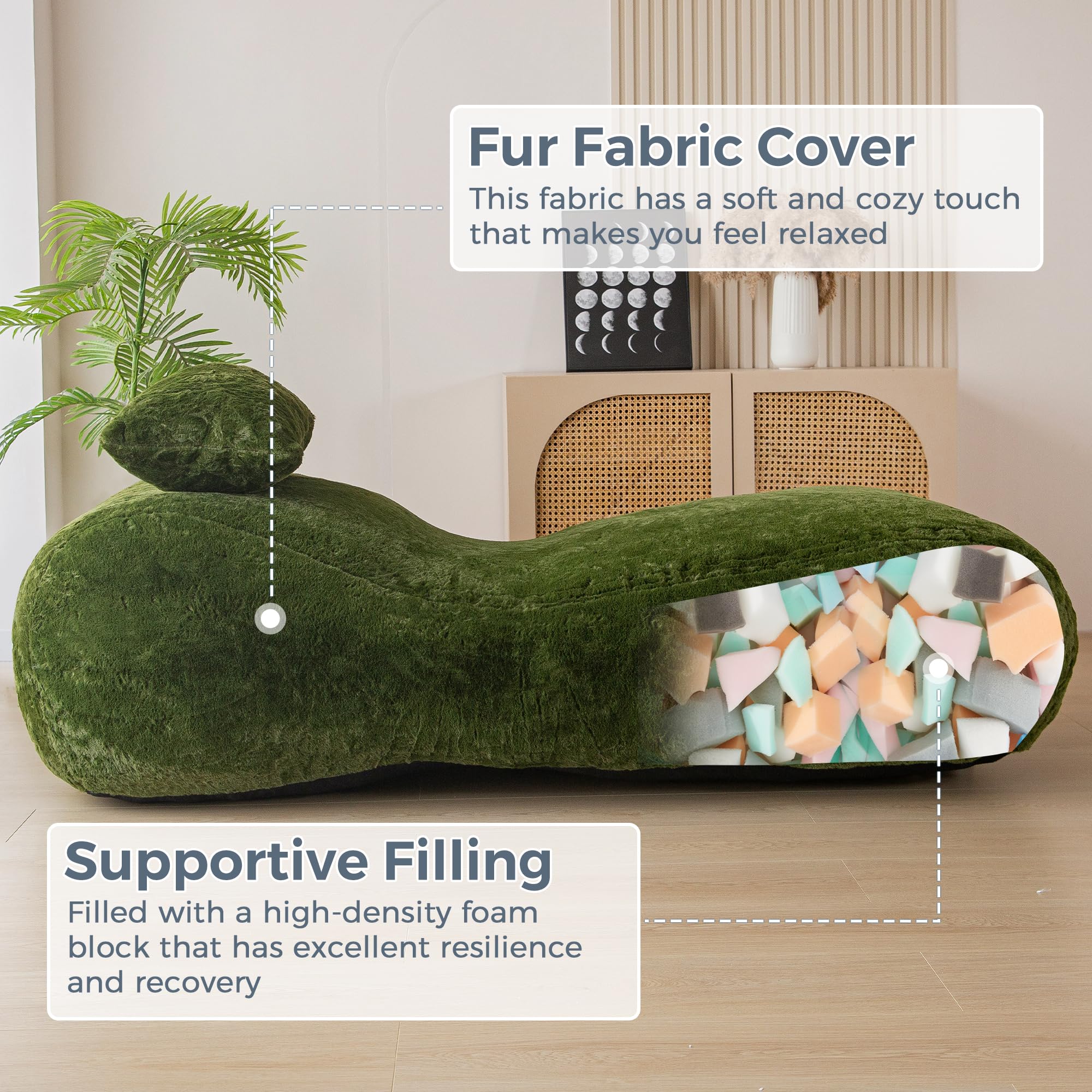 MAXYOYO Green Bean Bag Bed with Pillow - Oversized Chaise Lounge Chair for Indoor Use | Perfect for Living Room, Bedroom & Game Room Relaxation