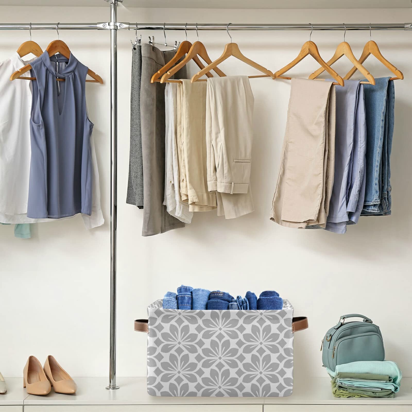 Gray White Floral Storage Basket - Large Collapsible Fabric Bin with PU Handles for Home Organization | Perfect for Shelves, Closet, Nursery & Laundry Room (1-Pack)