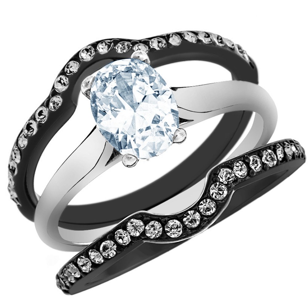 2.15ct Oval CZ Black Steel Wedding Ring Set for Women Size 5-10 - Elegant Bridal Jewelry